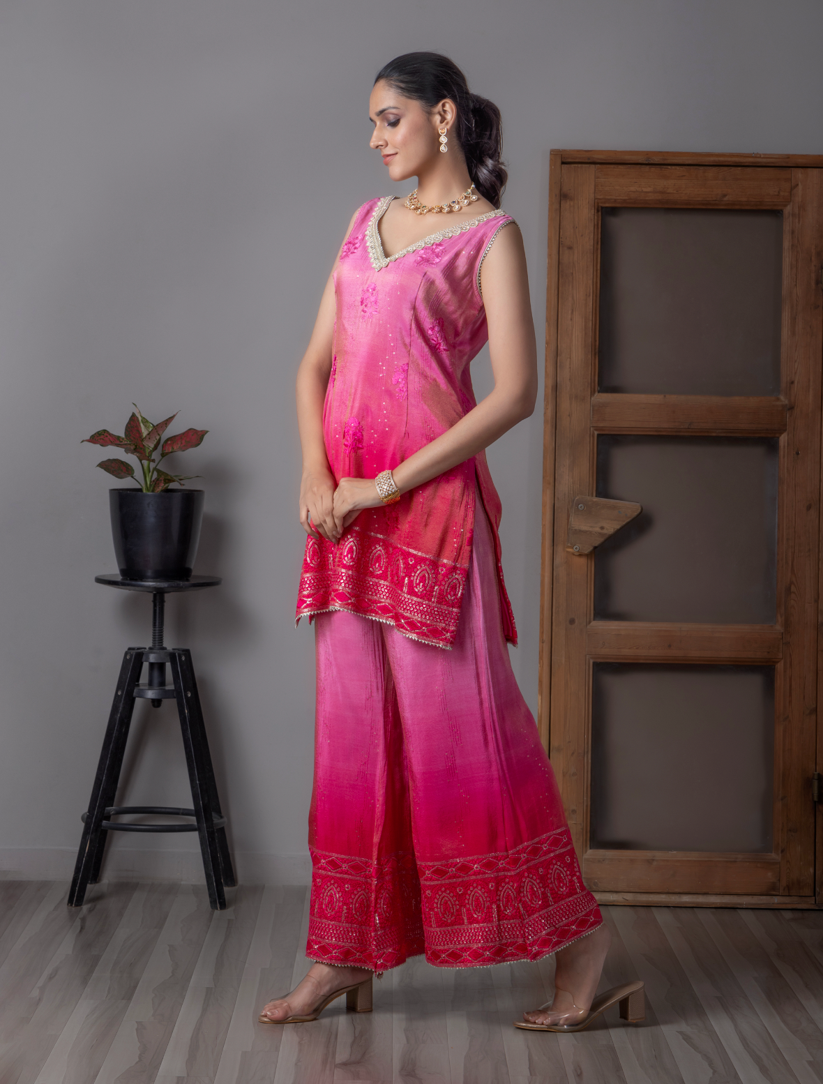 Pink Embroidered Sharara Set