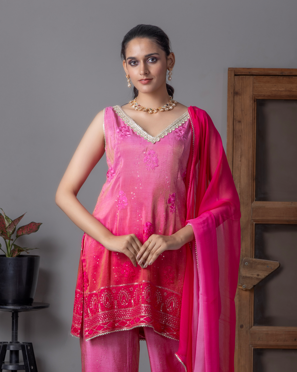 Pink Embroidered Sharara Set