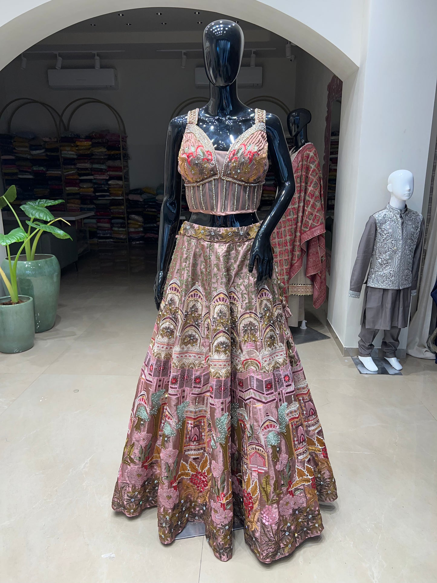 Wine Indian Organza Printed & Embellished Lehenga Set