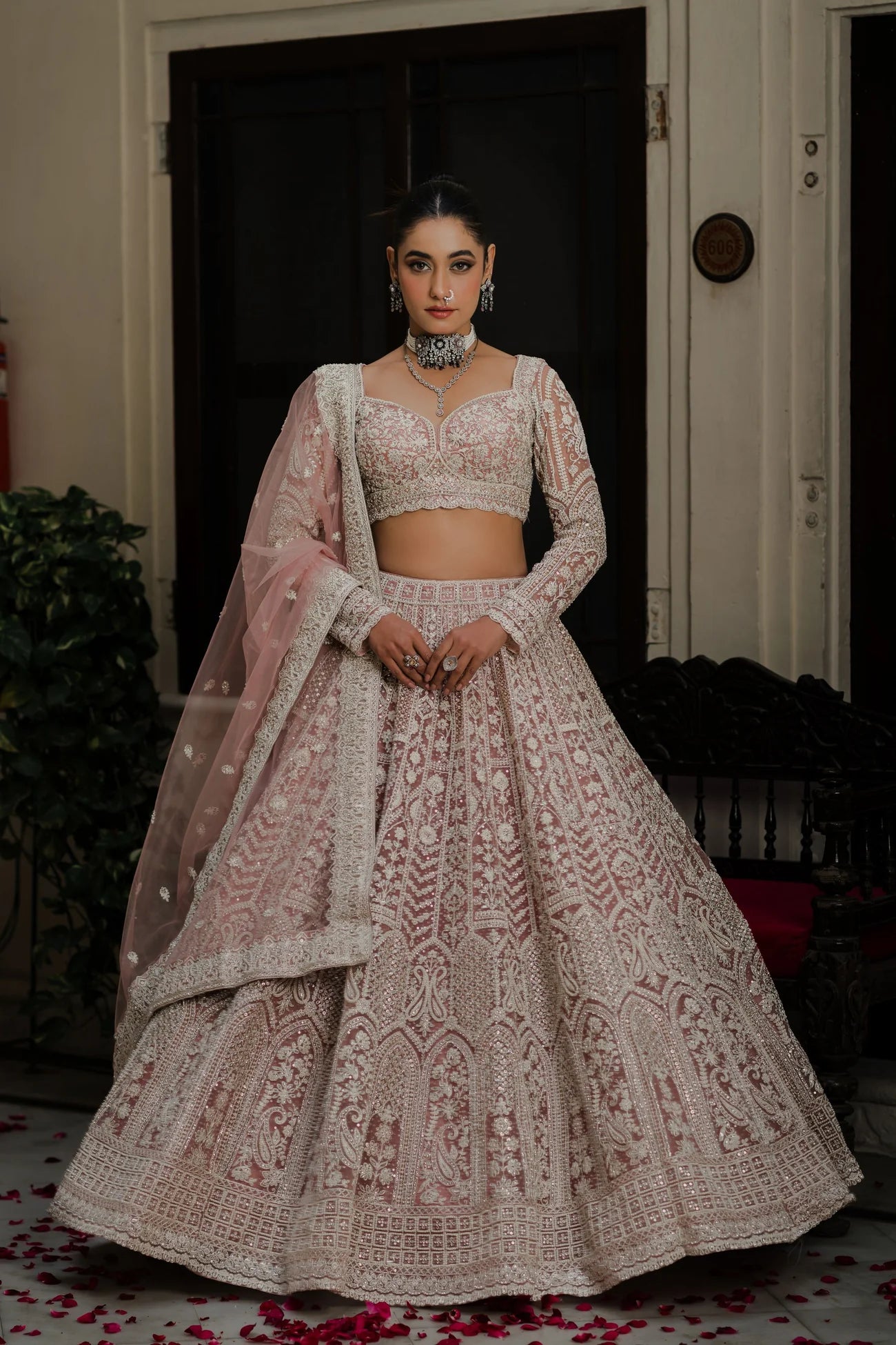 Pink Net Lehenga with Sequin & Thread Embroidery