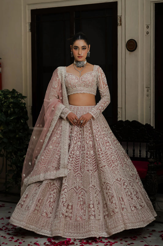 Pink Net Lehenga with Sequin & Thread Embroidery