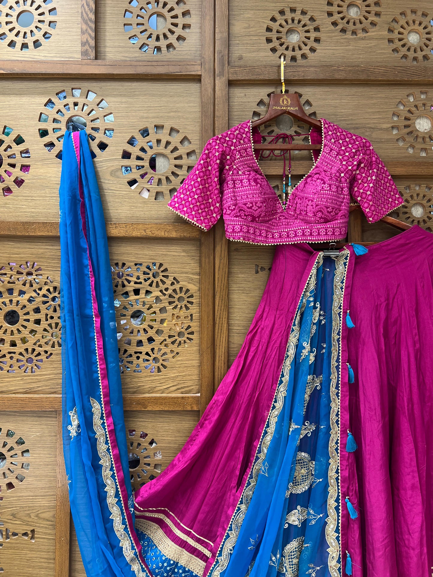 Pink & Blue Embroidered Navratri Chaniya Choli