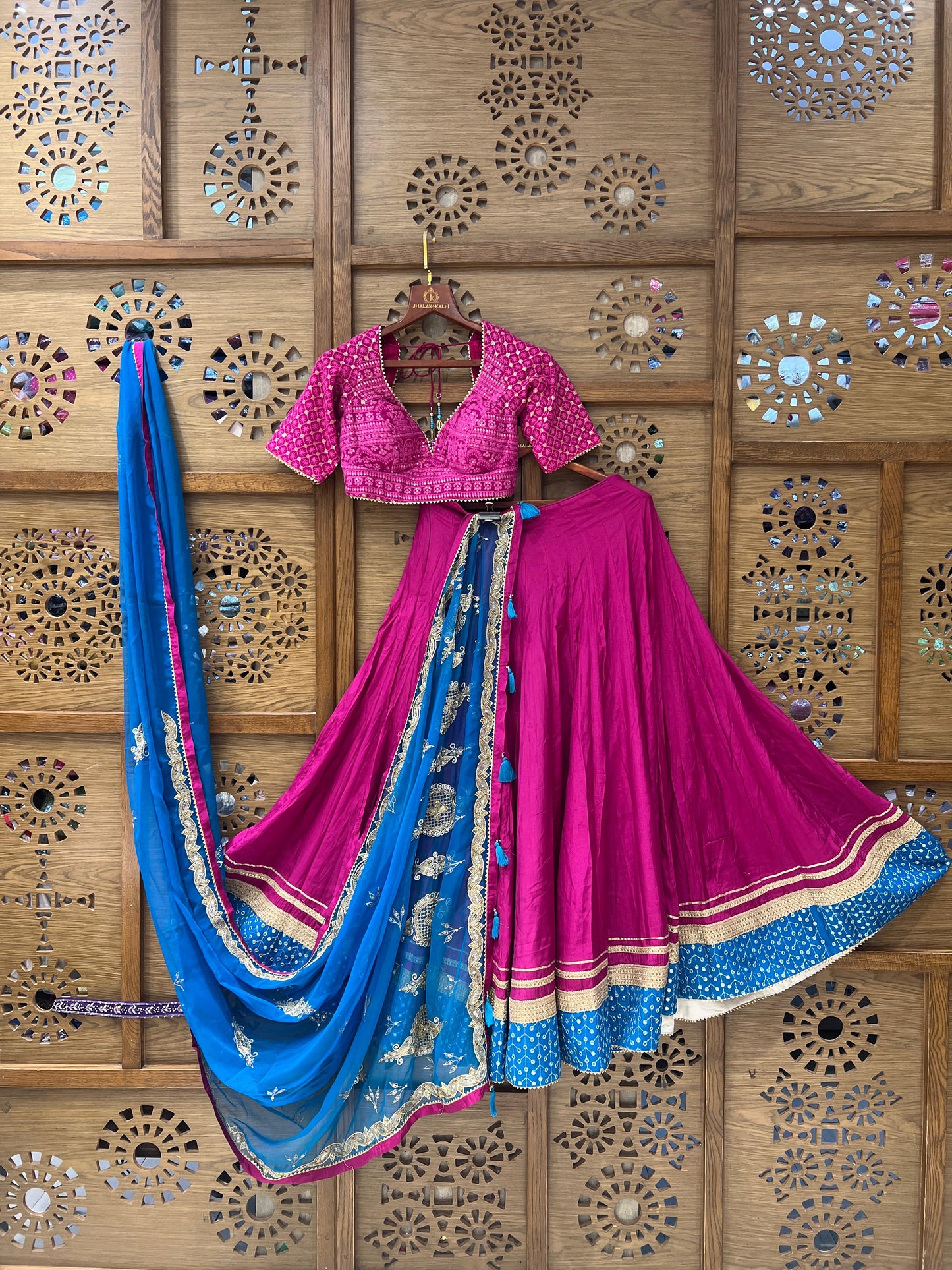 Pink & Blue Embroidered Navratri Chaniya Choli