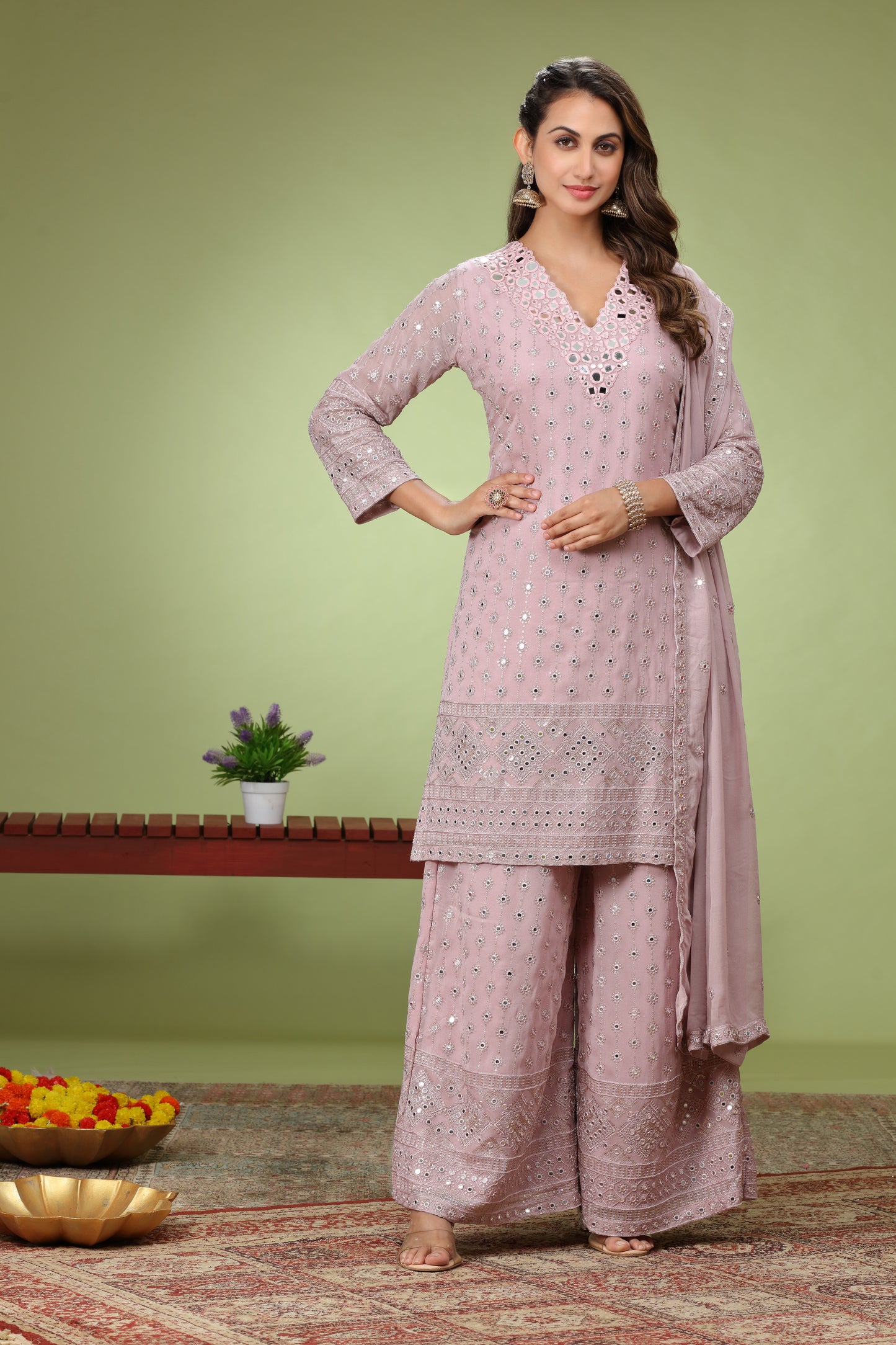 Pink Mirror work Patiala Kurti and Sharara set