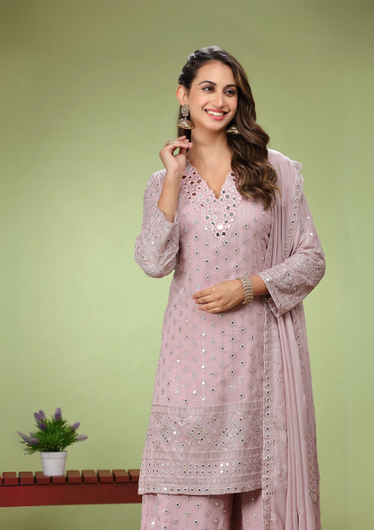 Pink Mirror work Patiala Kurti and Sharara set