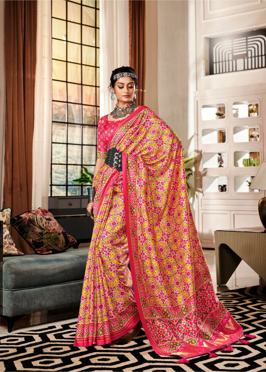 Pink & Green Elora Ajrak Printed Patola Saree