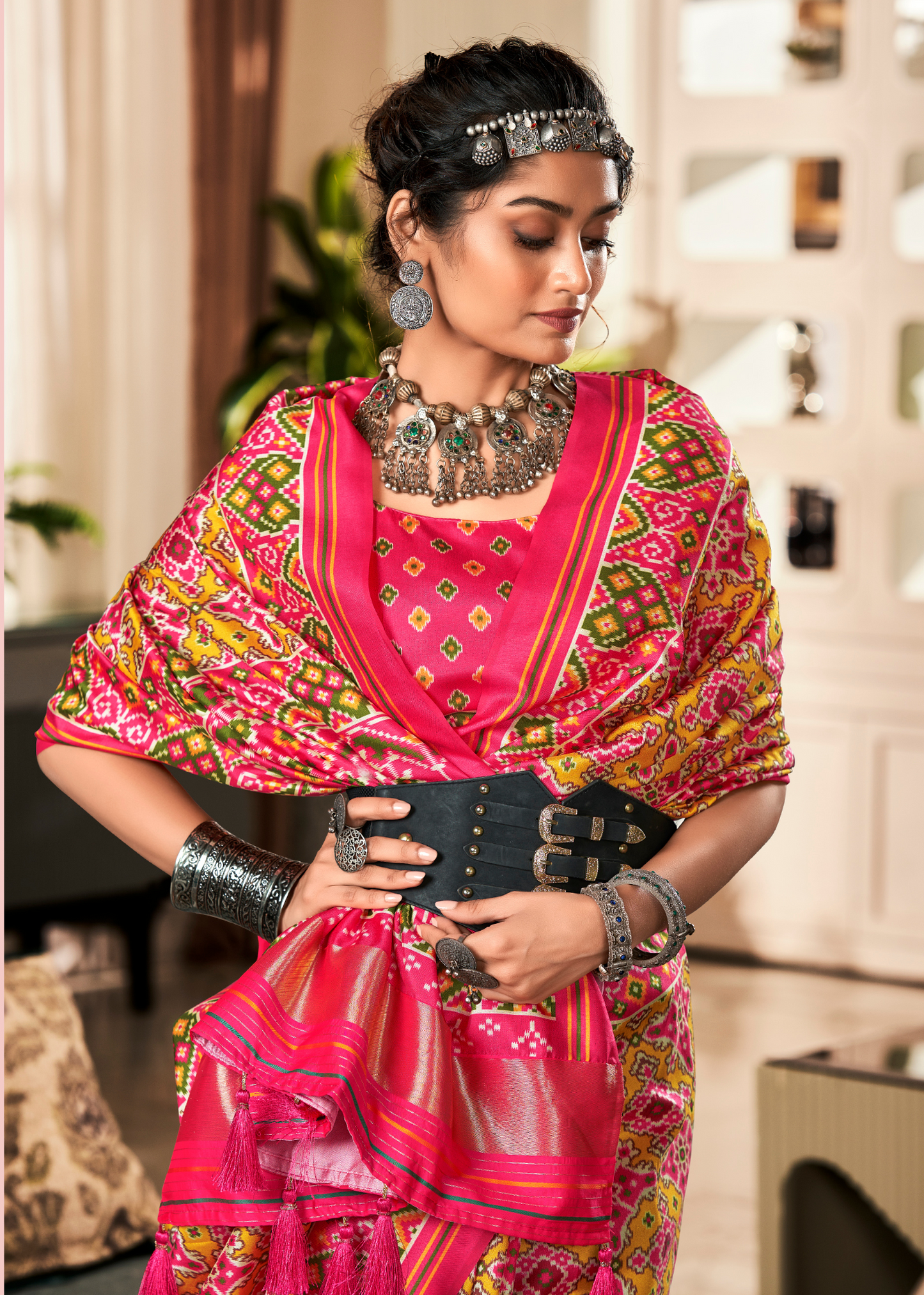 Pink & Green Elora Ajrak Printed Patola Saree