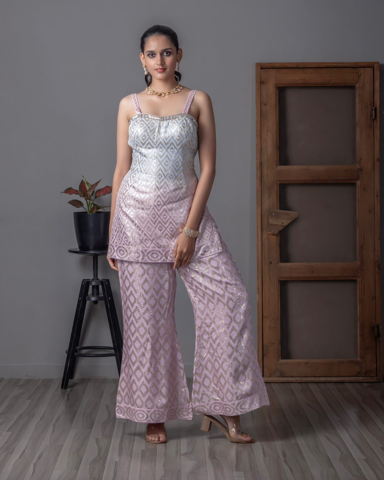 Pink & Sky Blue Sequence work Palazzo Set