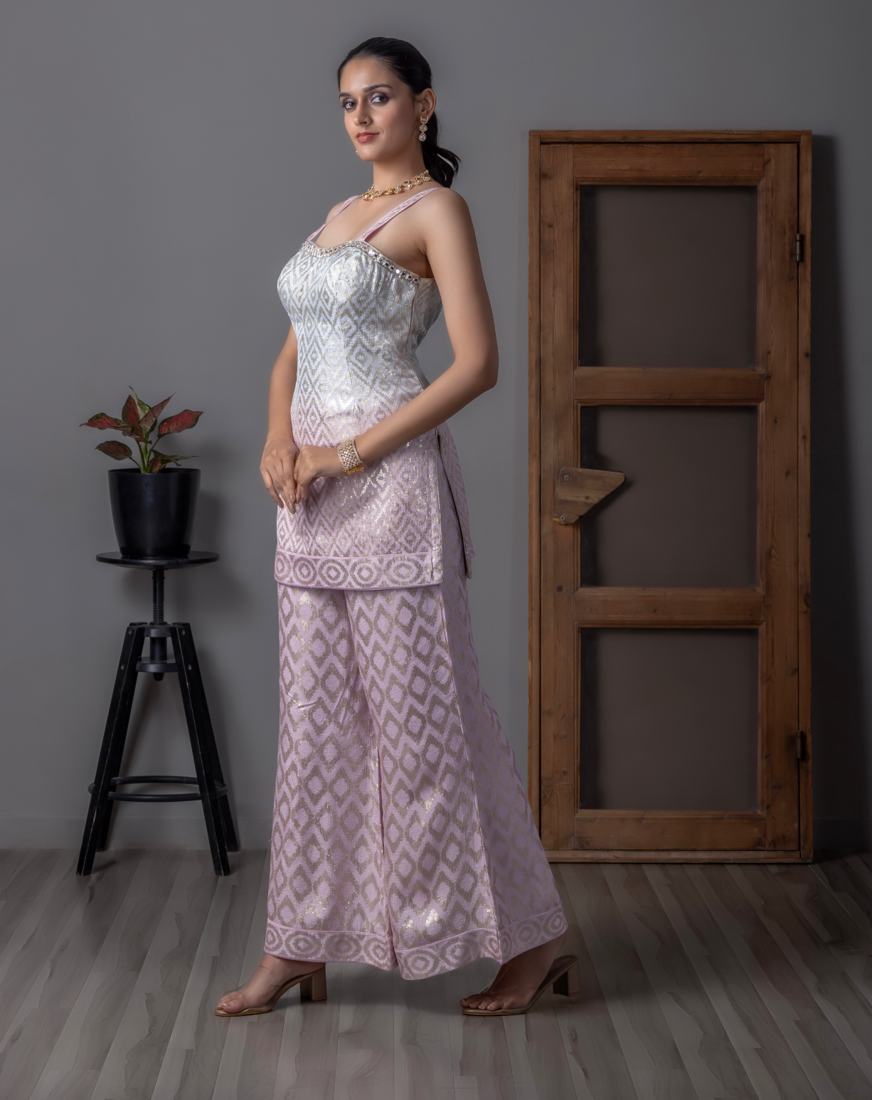 Pink & Sky Blue Sequence work Palazzo Set