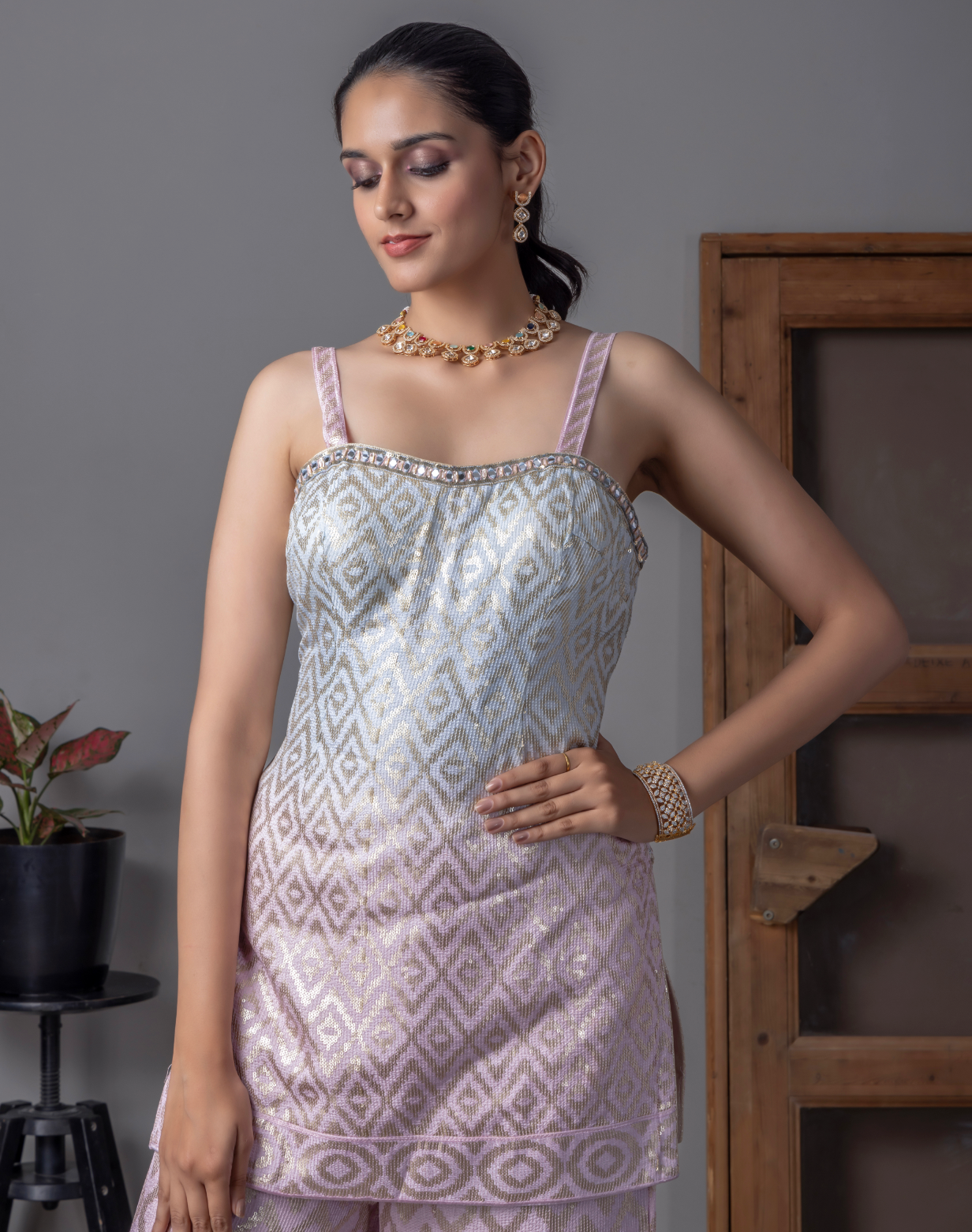 Pink & Sky Blue Sequence work Palazzo Set