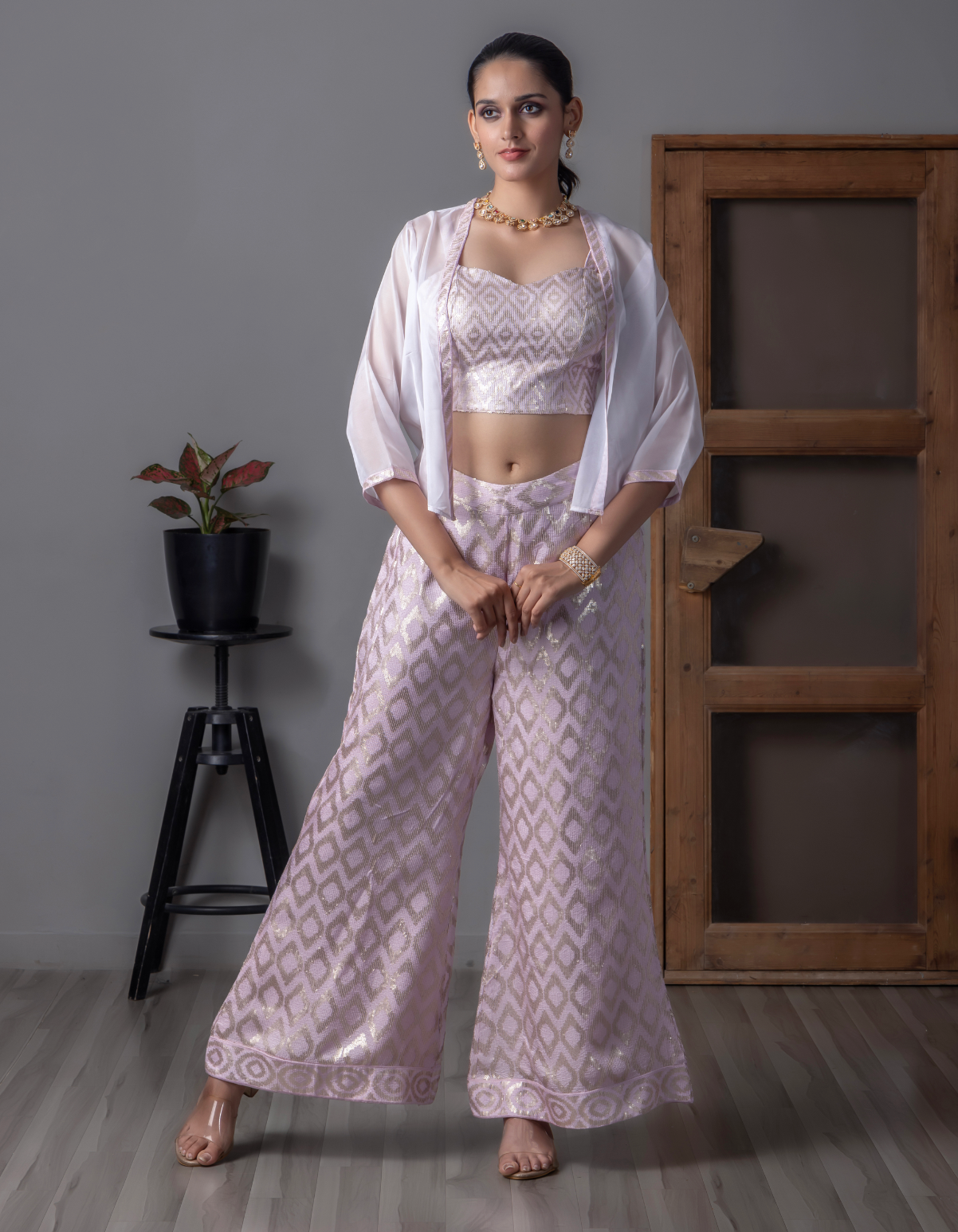 Pink & Sky Blue Sequence work Palazzo Set