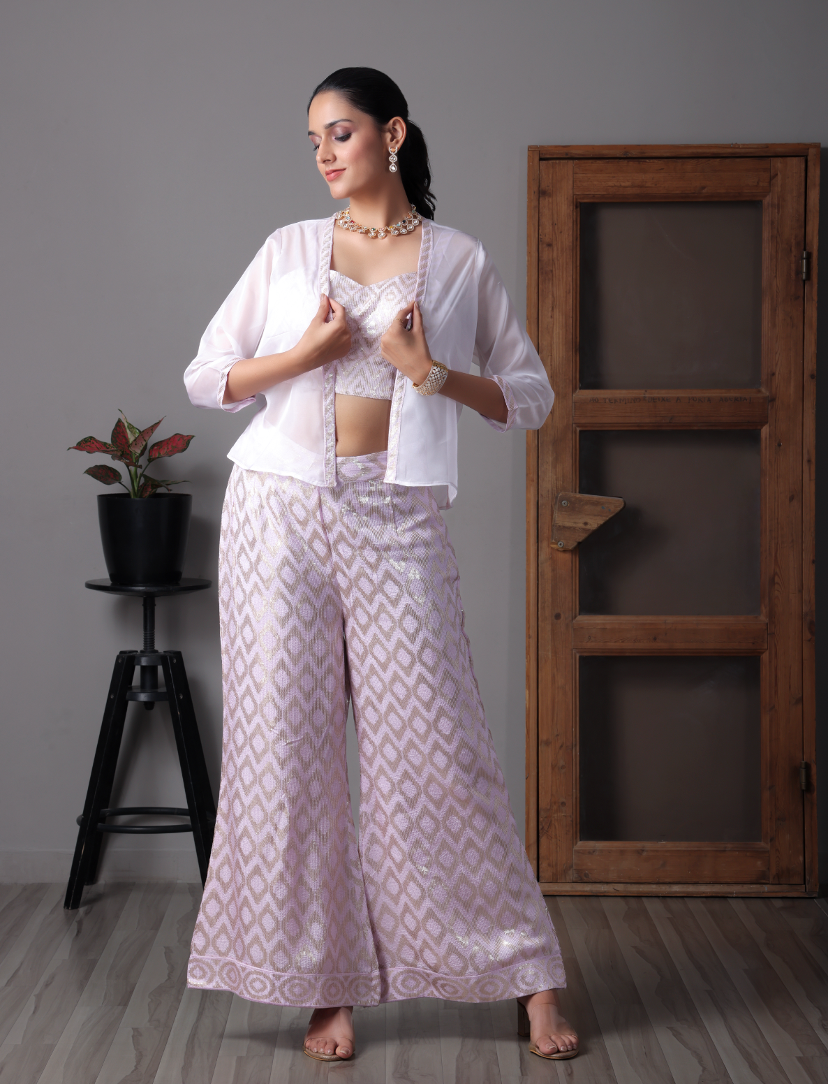 Pink & Sky Blue Sequence work Palazzo Set