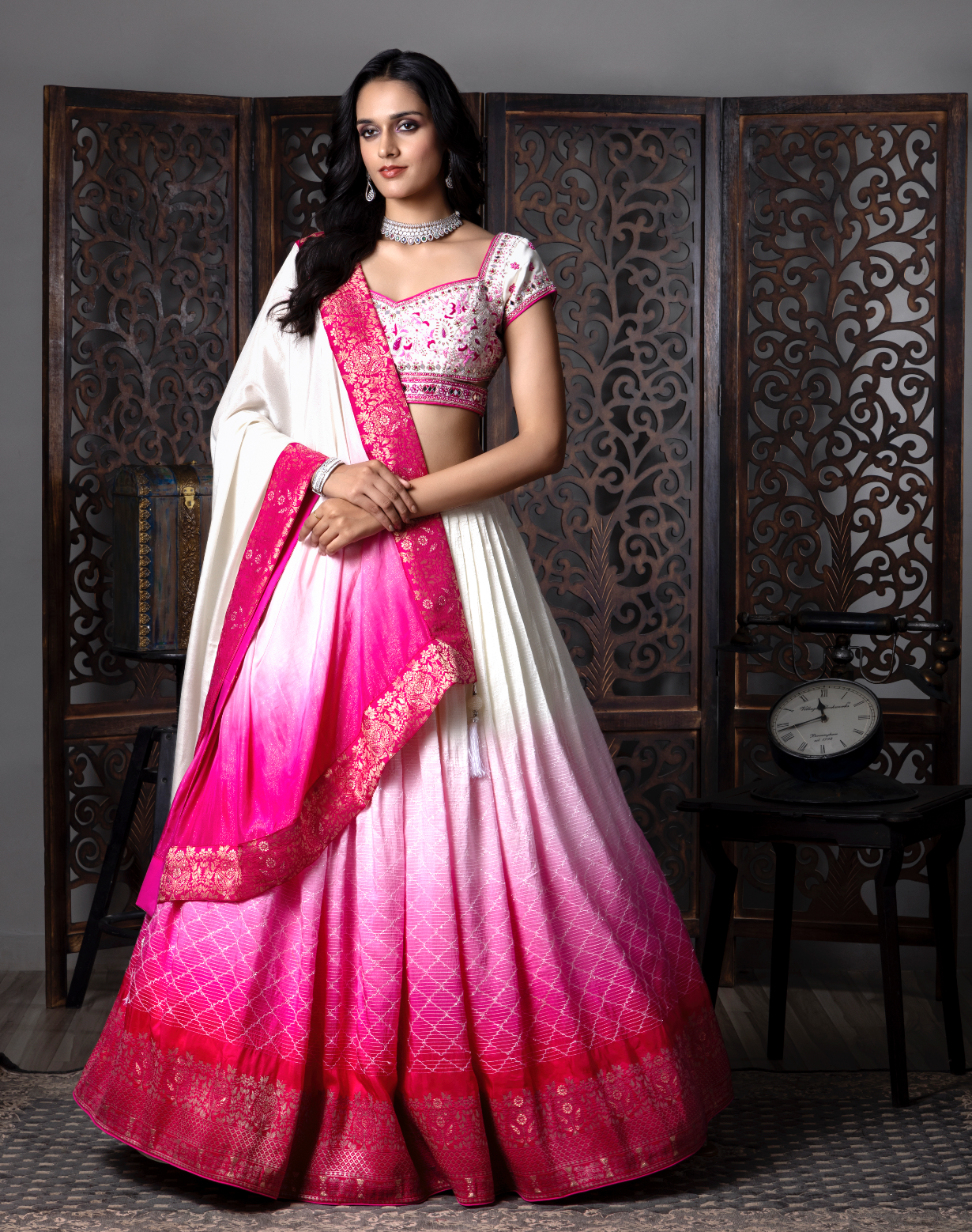 Pink & White Banarasi touch Lehnga Choli