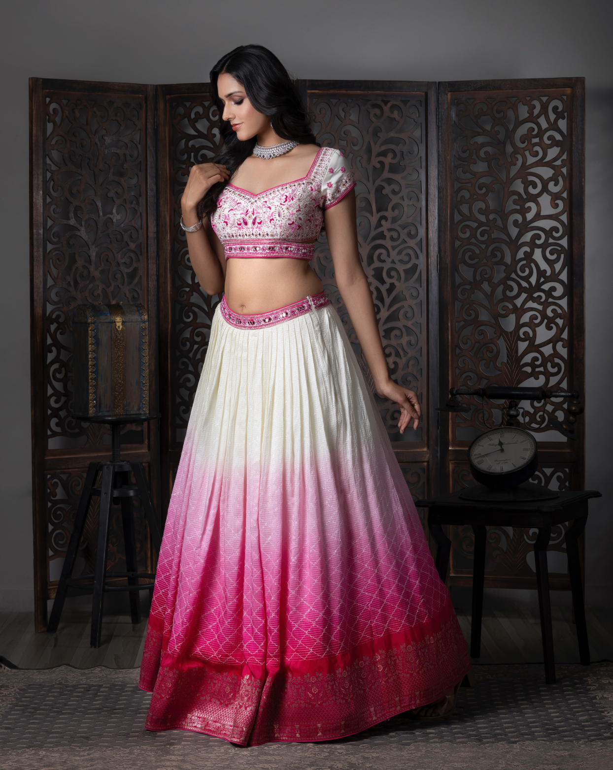 Pink & White Banarasi touch Lehnga Choli
