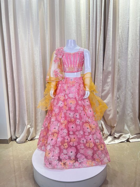 Pink & Yellow Floral Embellished Lehenga Set for Girls