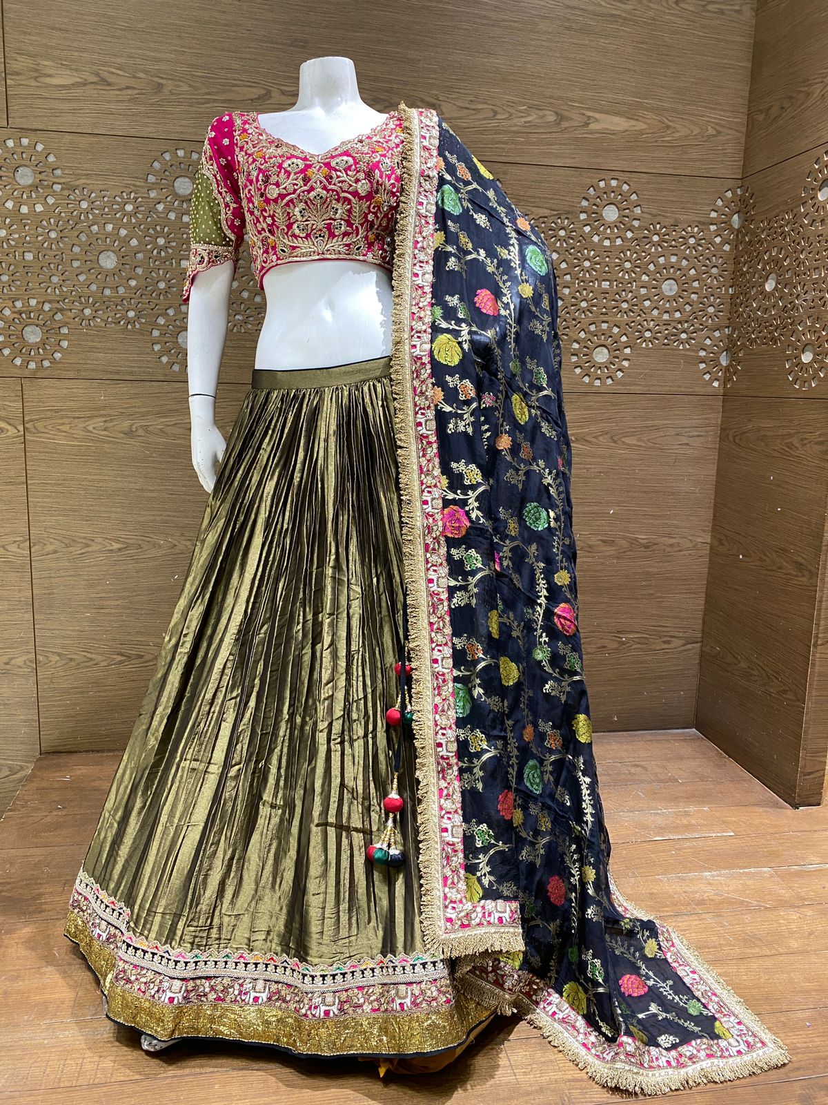 Pink and Olive Green Embroidered Lehenga Set with Metallic Gold Skirt