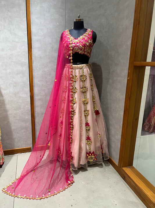 Pink and Peach Fusion Lehenga with Floral Appliqué & Mirror Work