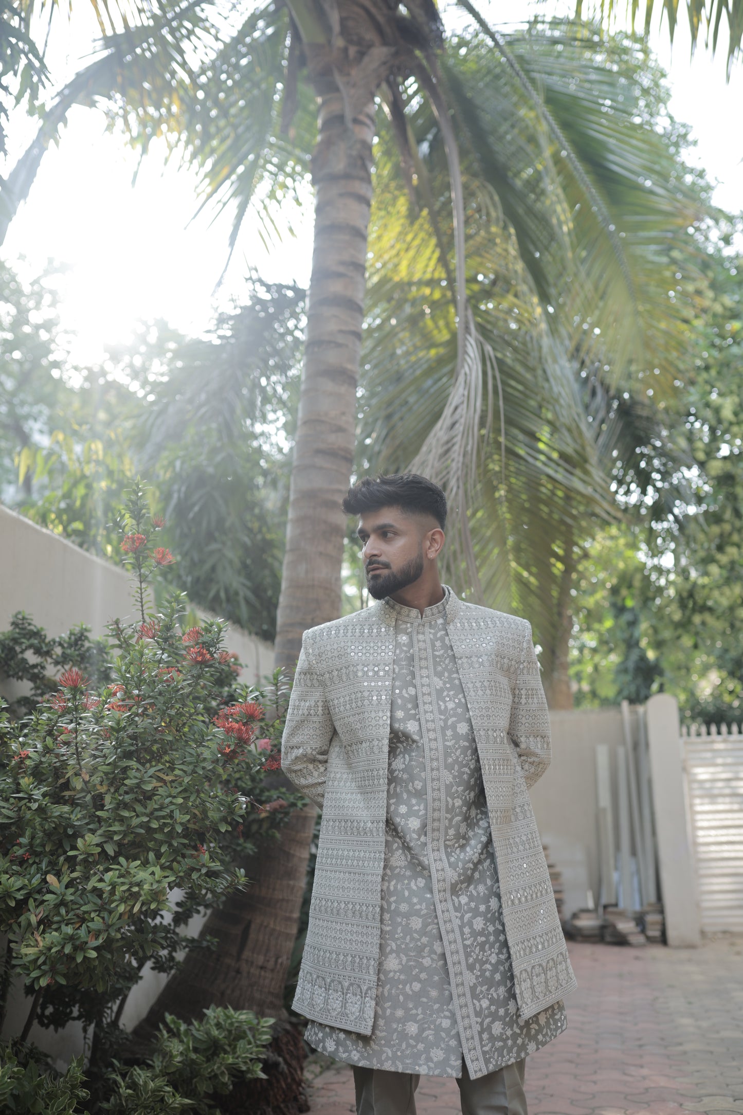 Pista Green Embroidered Open Indo Western