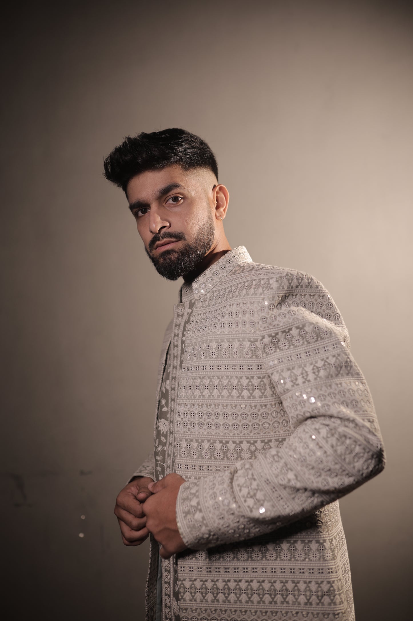 Pista Green Embroidered Open Indo Western