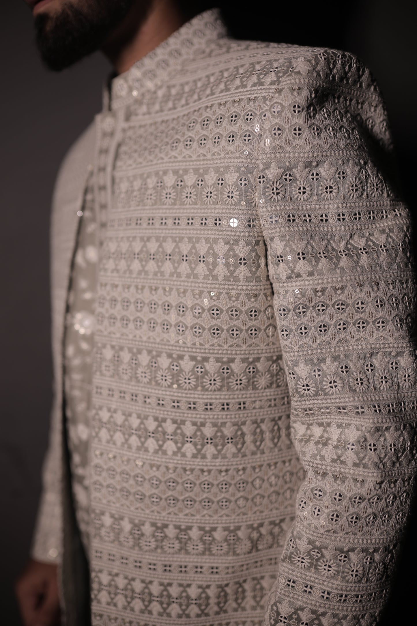 Pista Green Embroidered Open Indo Western