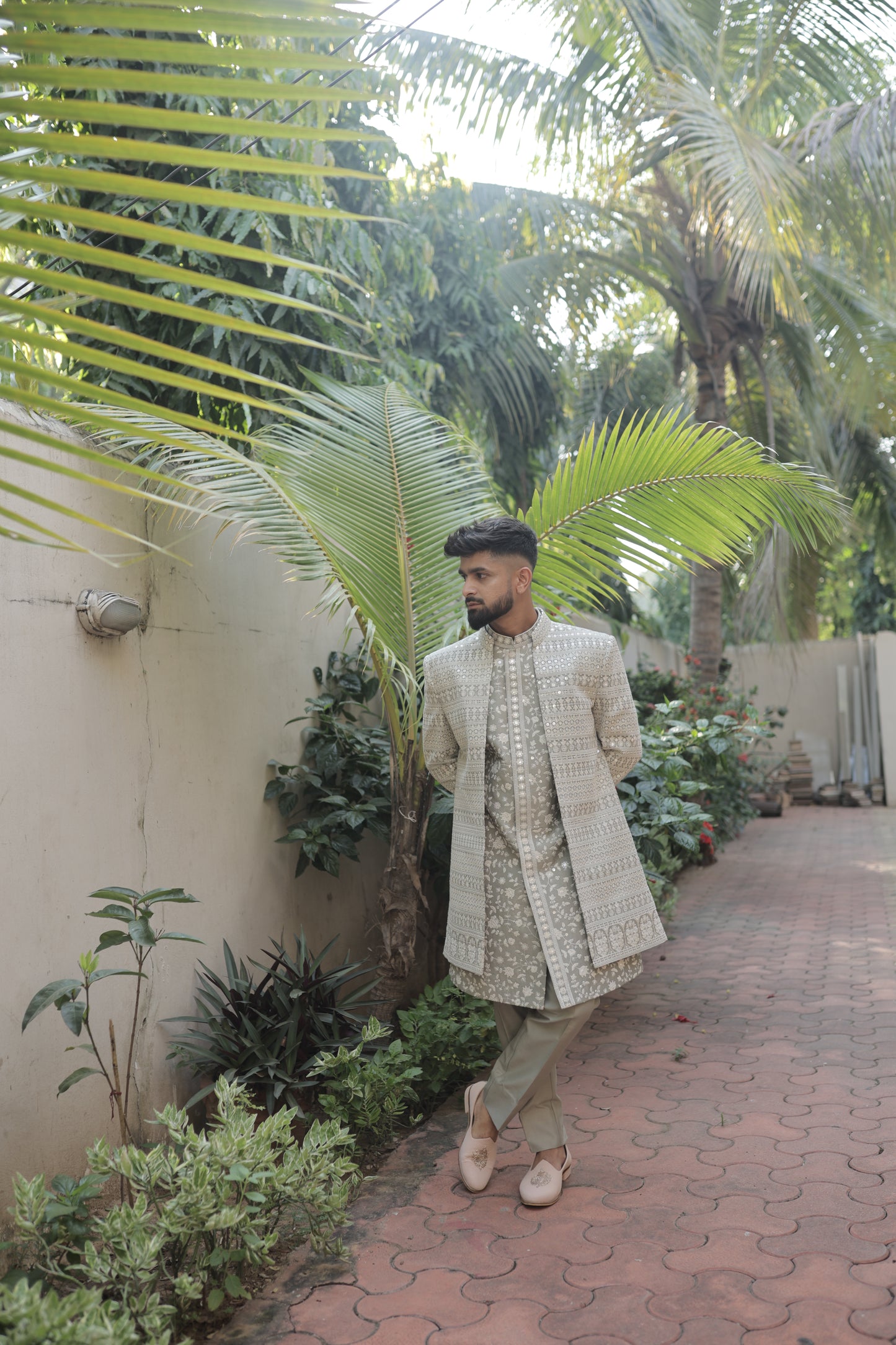 Pista Green Embroidered Open Indo Western