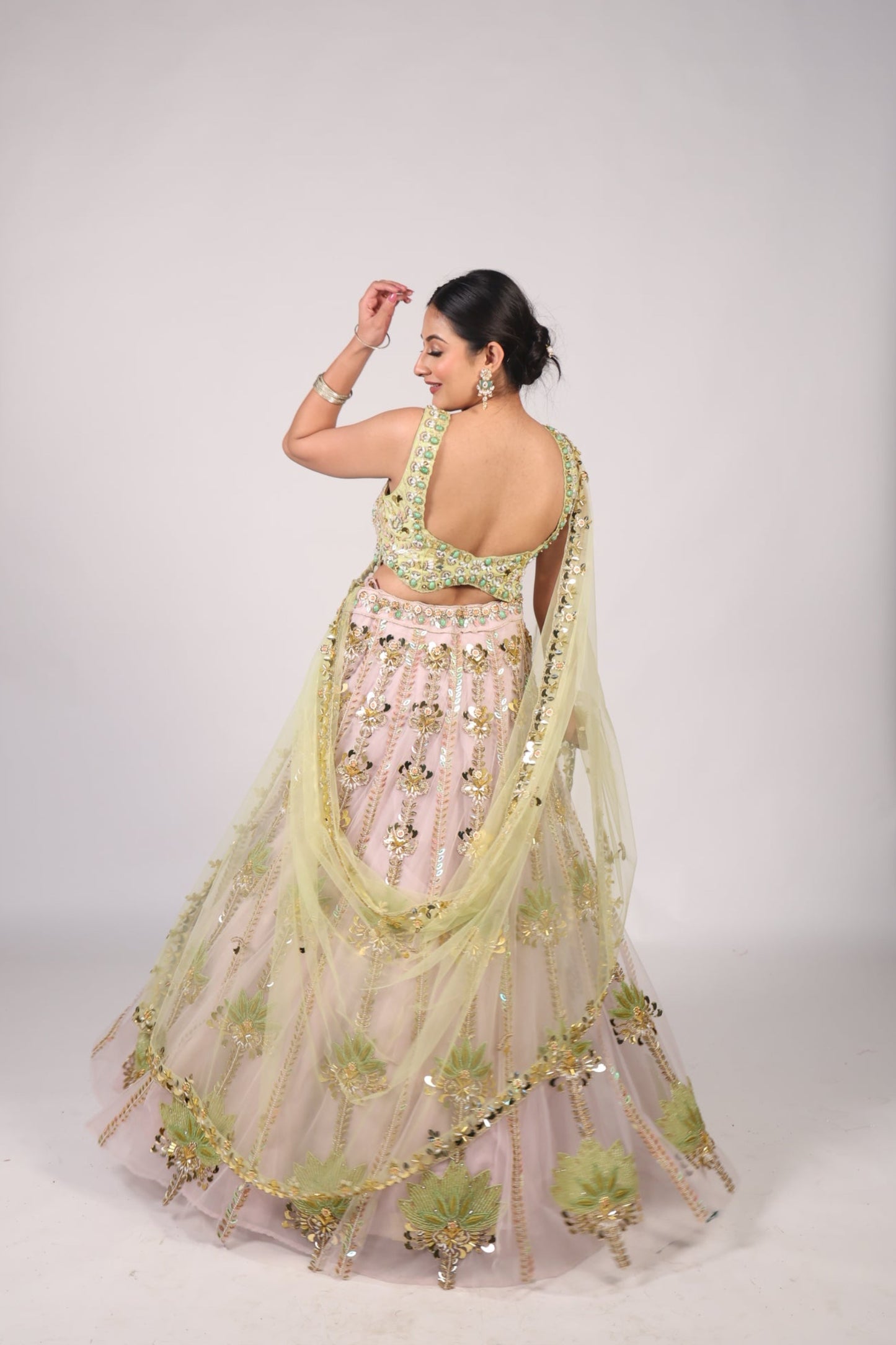 Pistachio Green & Blush Pink Hand-Embroidered Festive Lehenga Choli