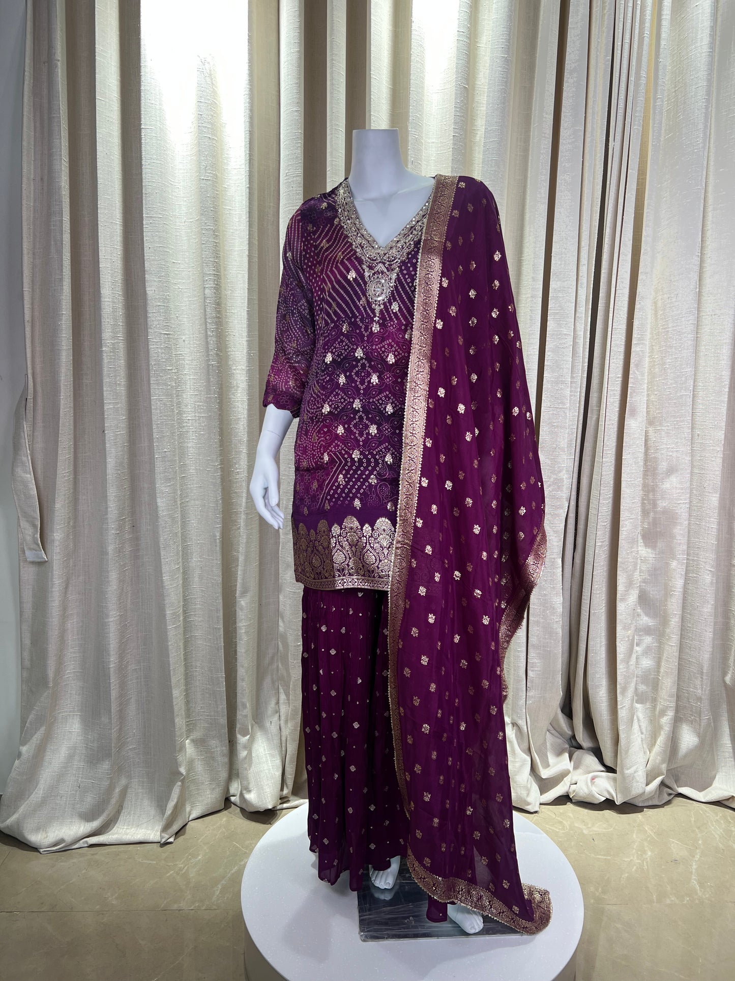 Plum Wine Embroidered Sharara Suit with Sequin Detailing & Golden Lace Dupatta