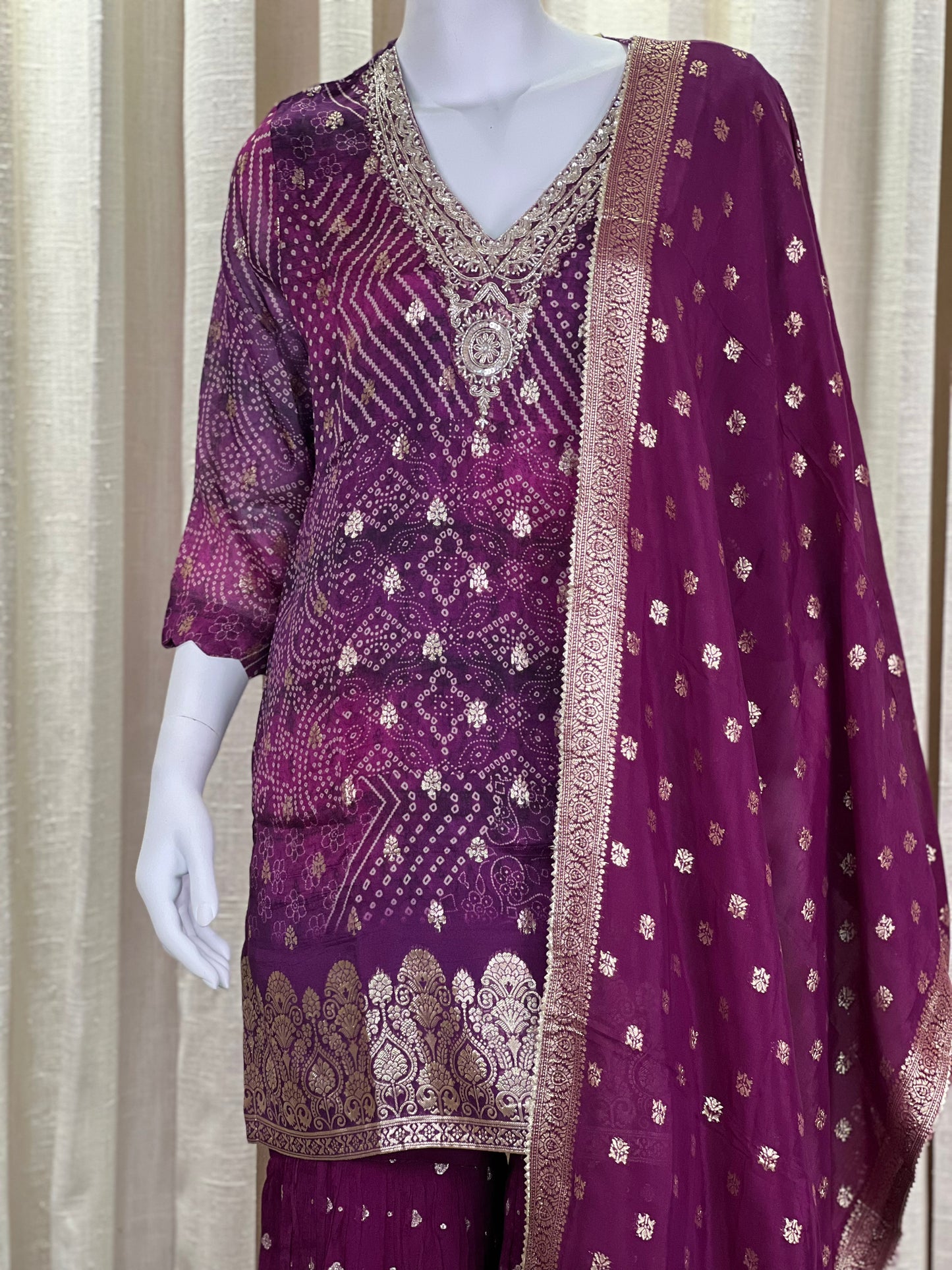 Plum Wine Embroidered Sharara Suit with Sequin Detailing & Golden Lace Dupatta