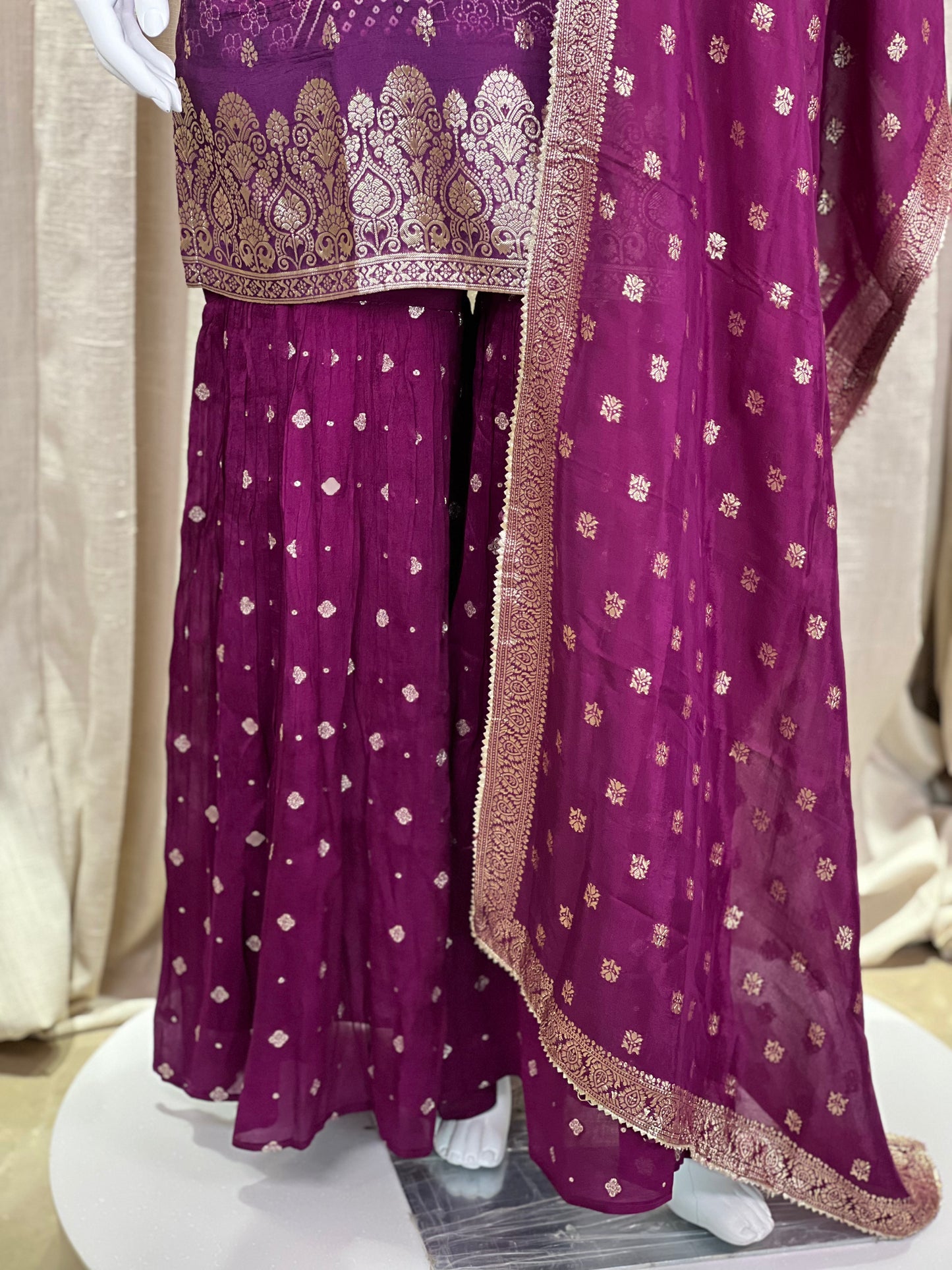 Plum Wine Embroidered Sharara Suit with Sequin Detailing & Golden Lace Dupatta