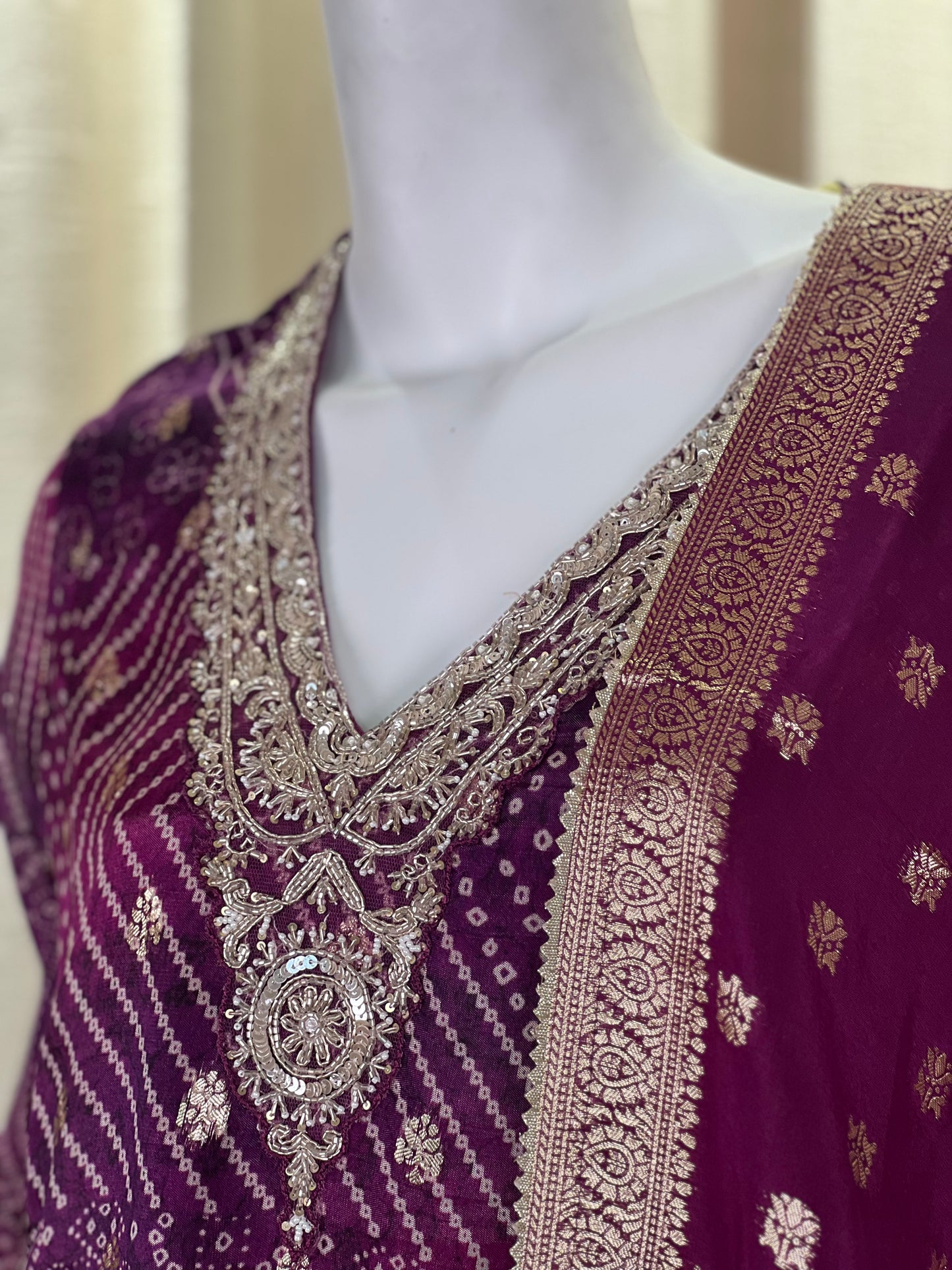 Plum Wine Embroidered Sharara Suit with Sequin Detailing & Golden Lace Dupatta