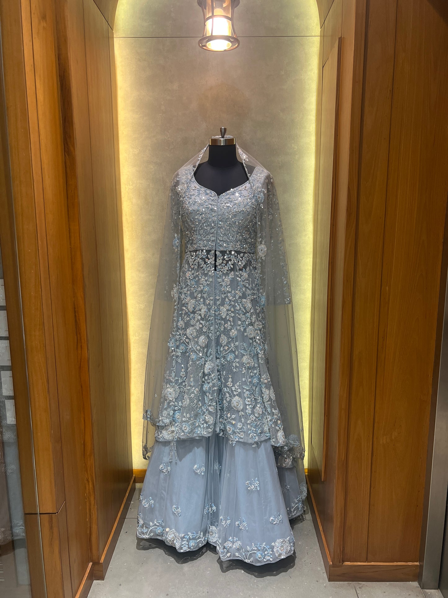 Powder Blue Embroidered Sharara Set with Net Dupatta