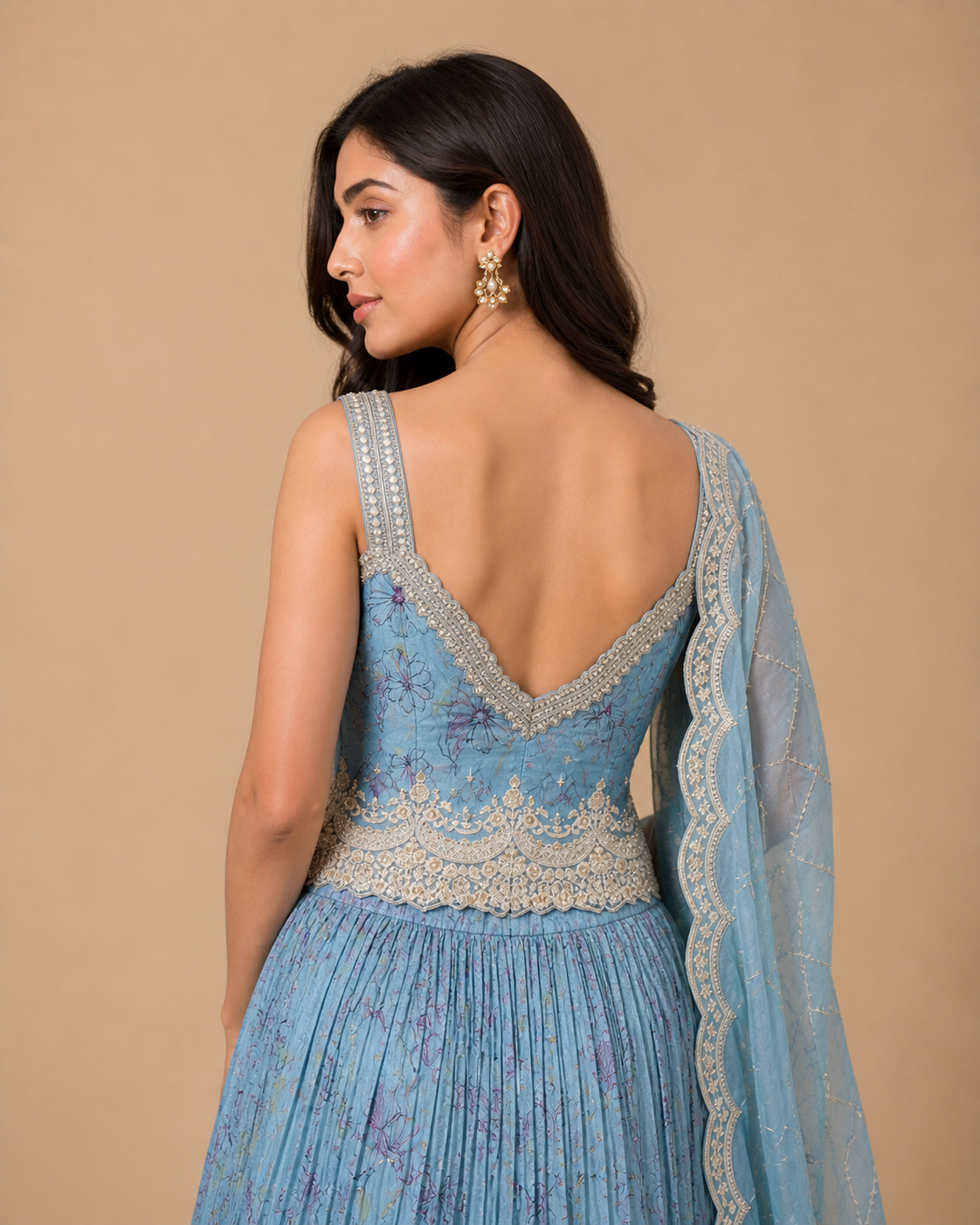 Powder Blue Floral Embroidered Pre-Draped Lehenga Set