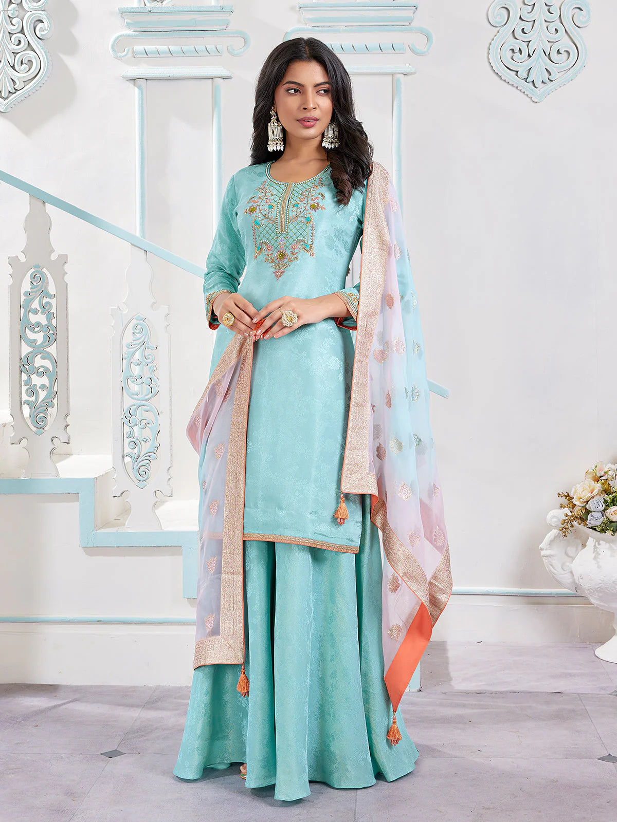 Powder Blue Jacquard Sharara Se