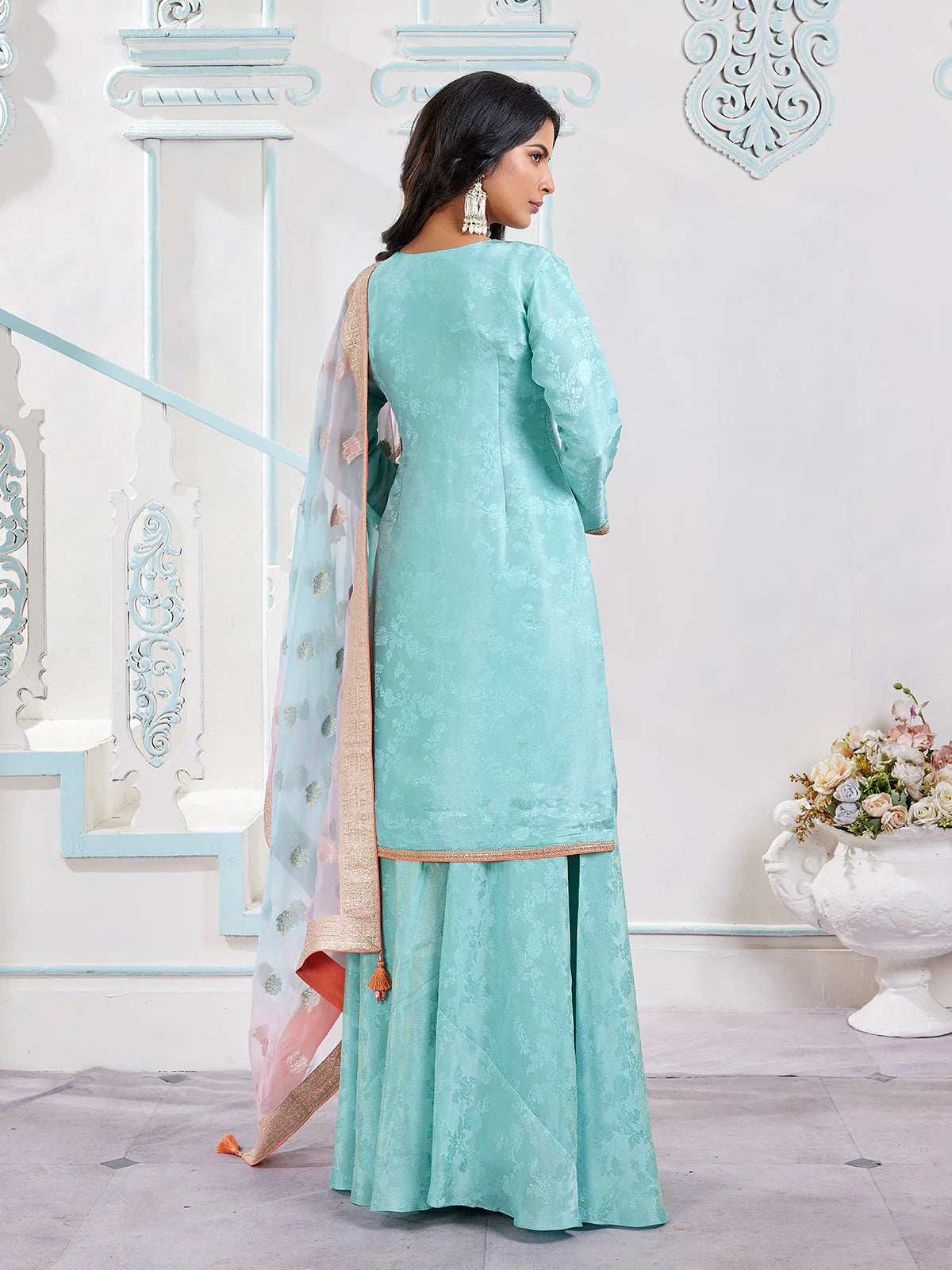 Powder Blue Jacquard Sharara Se