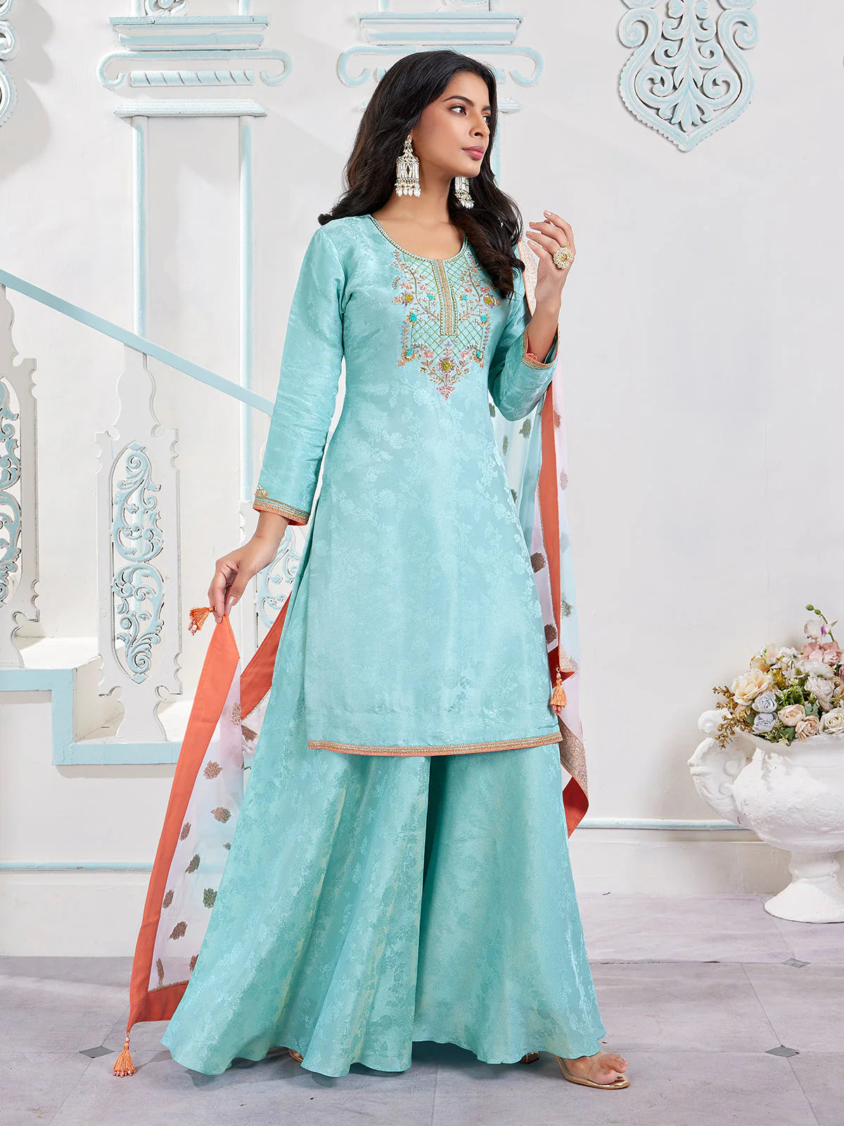 Powder Blue Jacquard Sharara Se