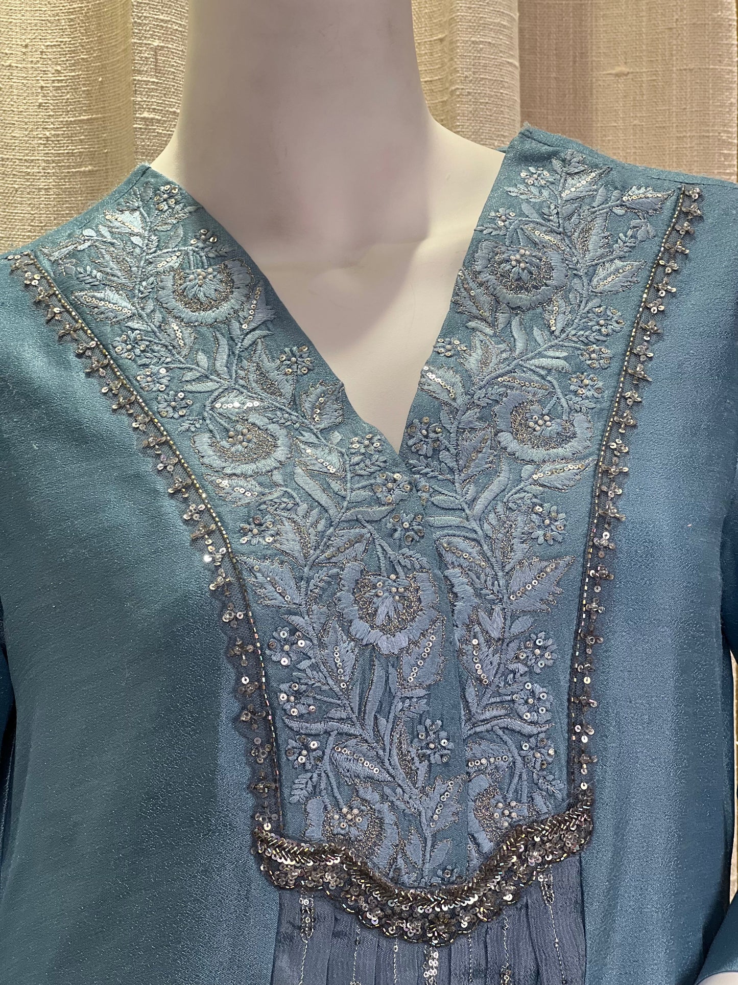 Powder Blue Kurti Set with Sequin Work and Embroidered Organza Dupatta
