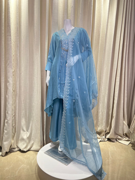 Powder Blue Kurti Set with Sequin Work and Embroidered Organza Dupatta