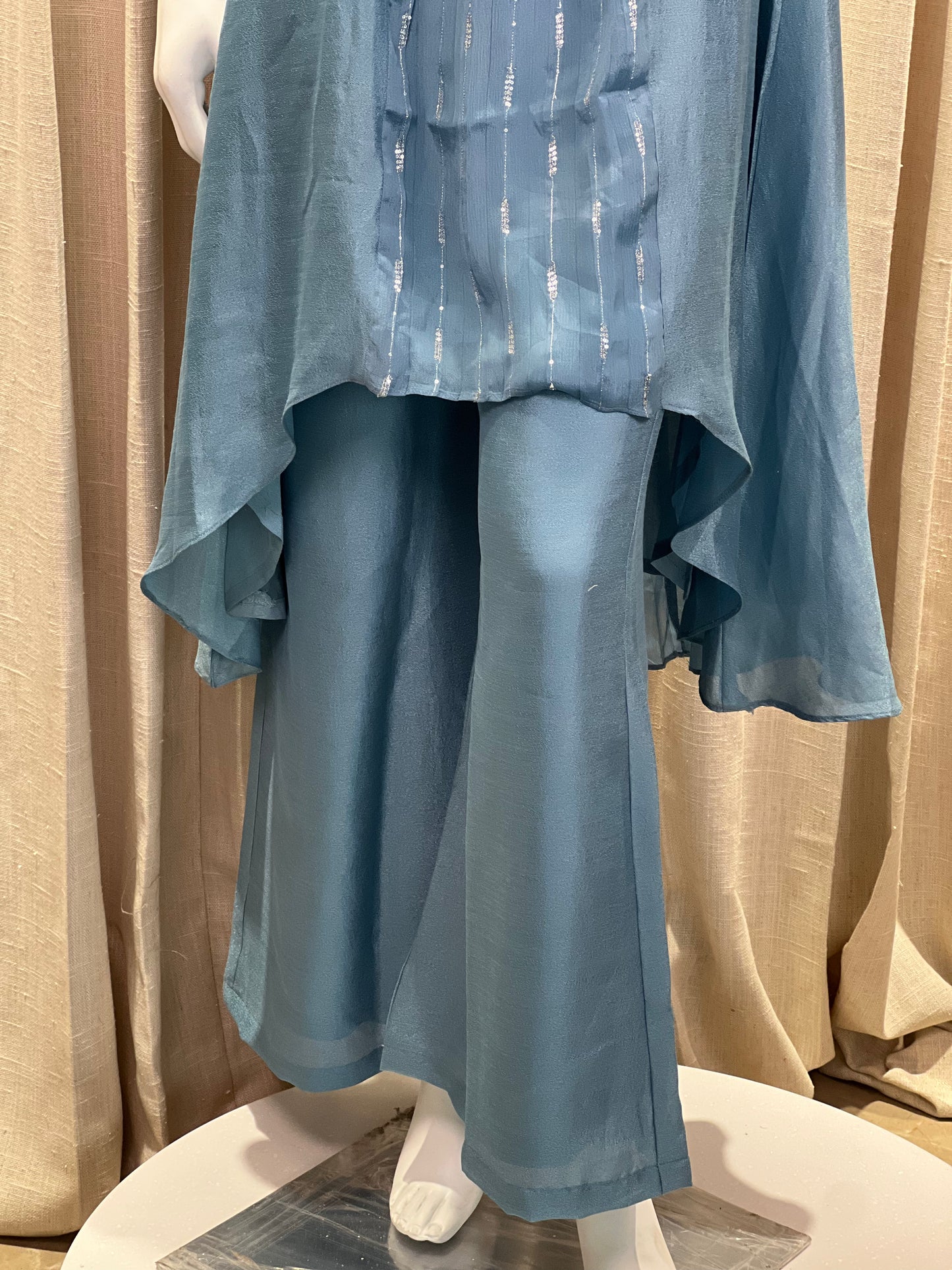 Powder Blue Kurti Set with Sequin Work and Embroidered Organza Dupatta