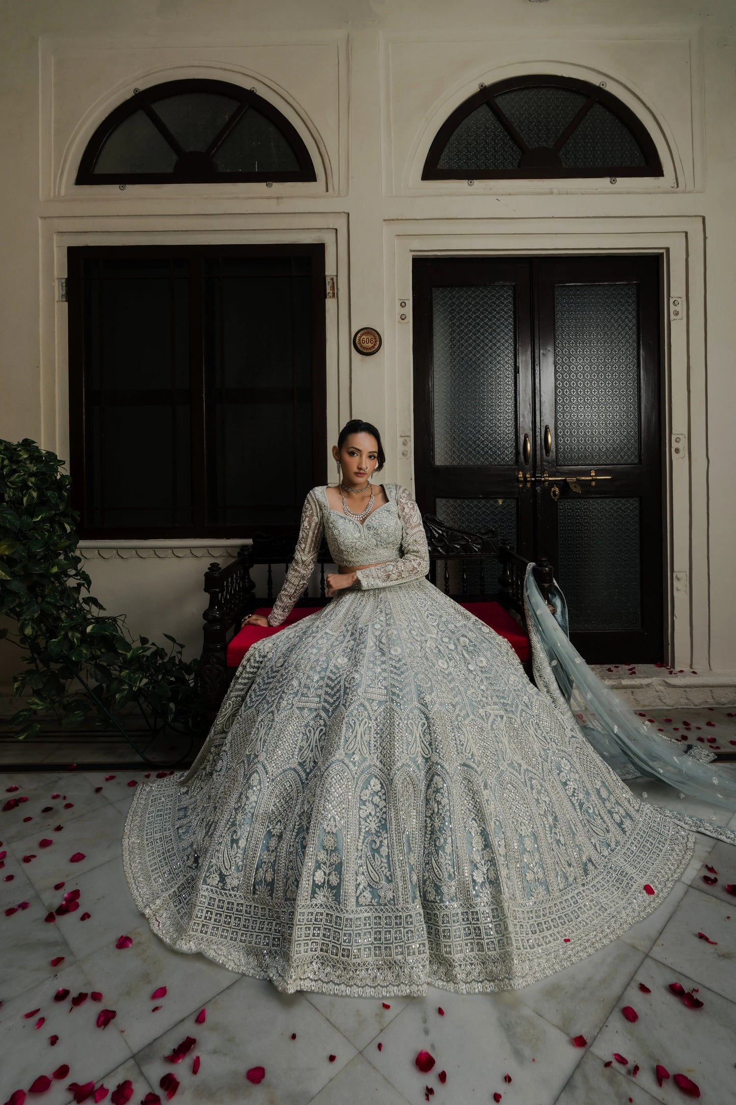 Powder Blue Net Lehenga with Sequin & Thread Embroidery