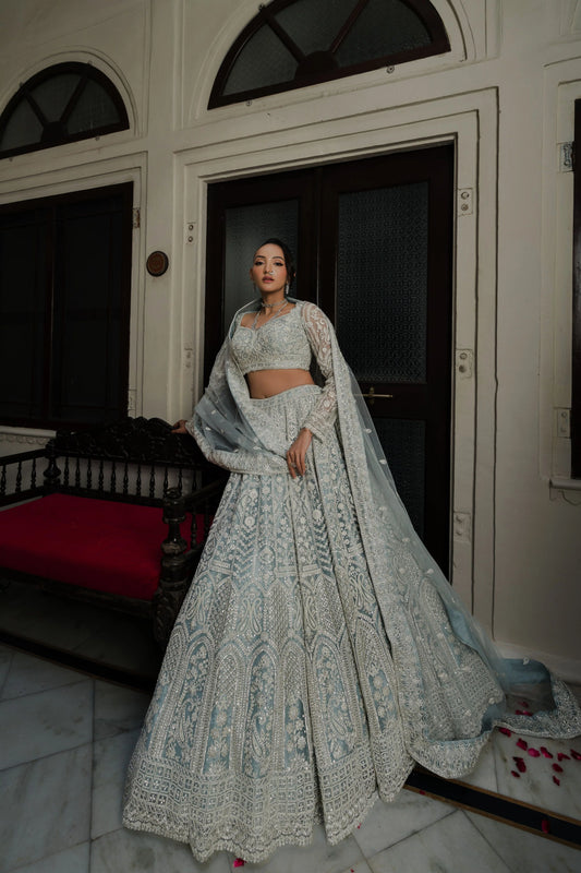 Powder Blue Net Lehenga with Sequin & Thread Embroidery