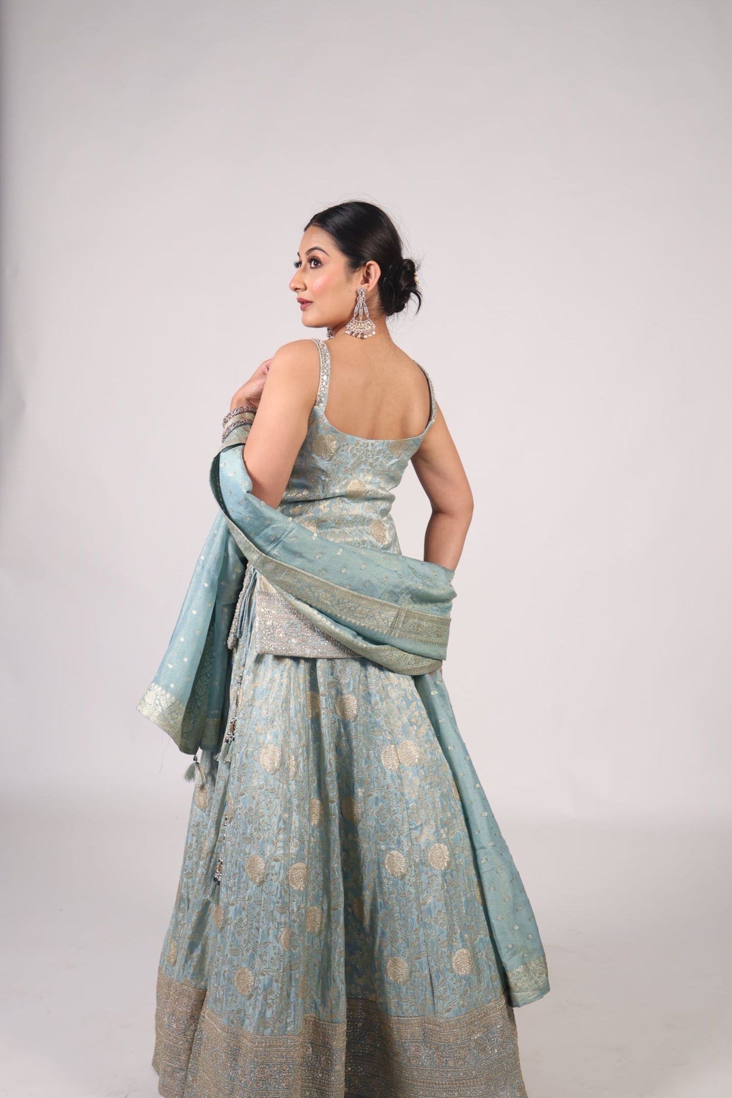 Powder Blue & Antique Gold Hand-Embroidered Festive Lehenga Set