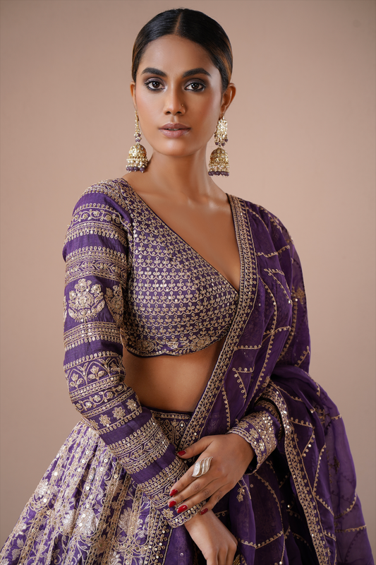 Purple Violet Silk Embroidered Lehenga Set
