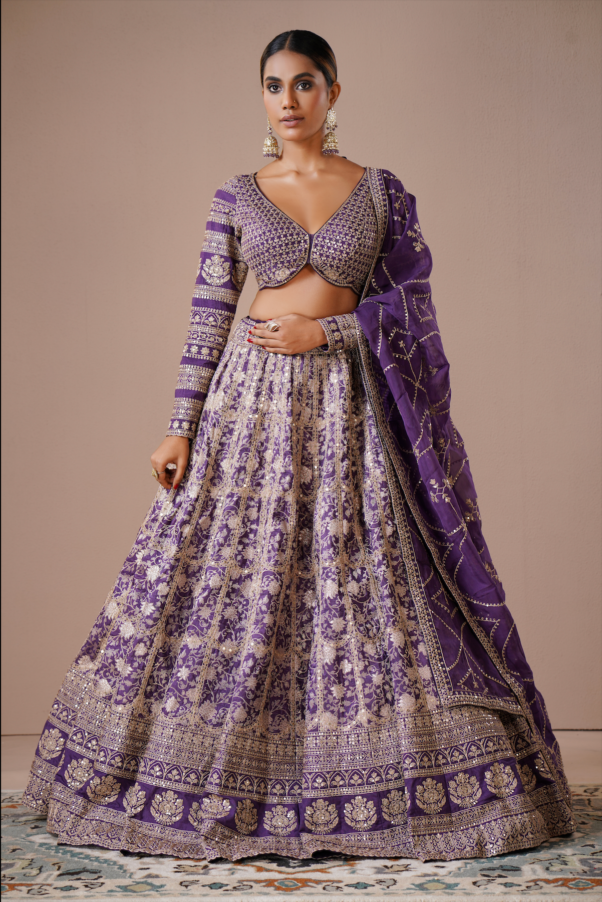 Purple Violet Silk Embroidered Lehenga Set