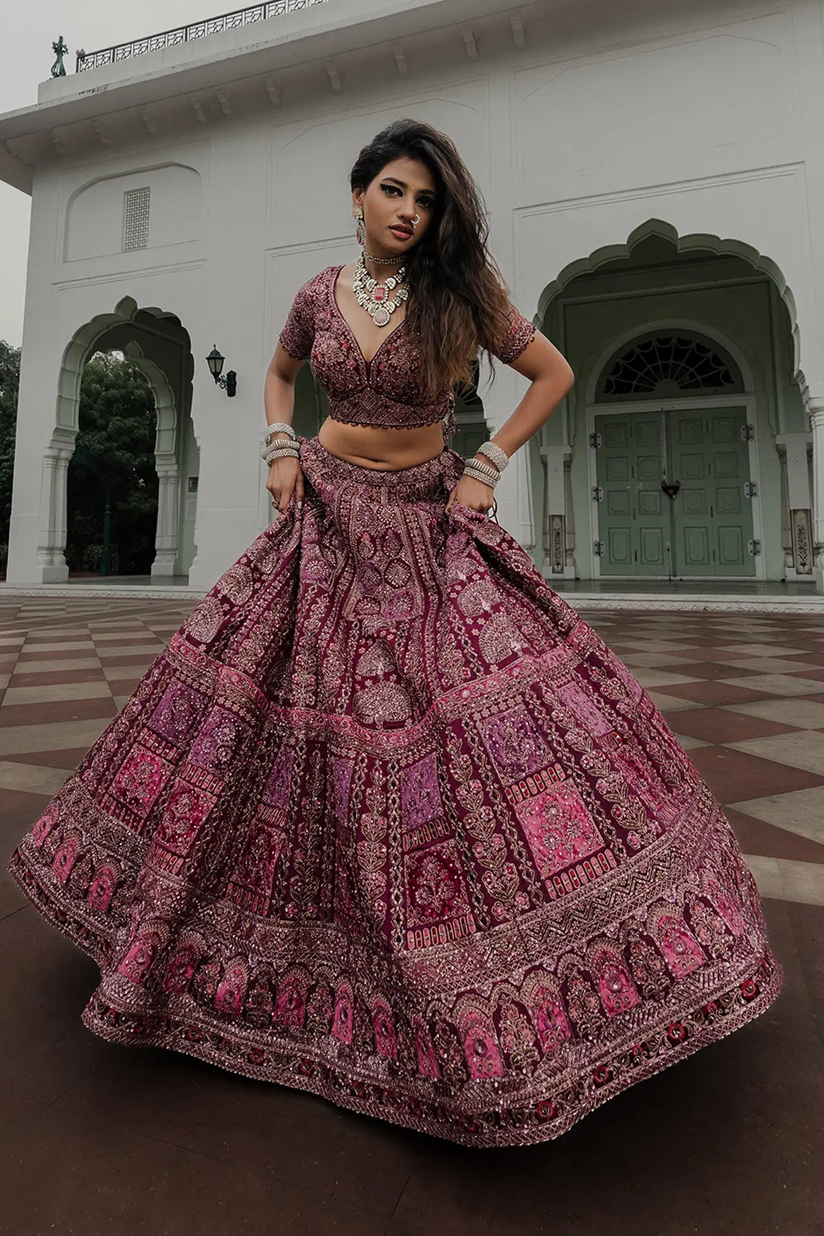 Purple Zardosi Embroidered Crepe Reception Lehenga