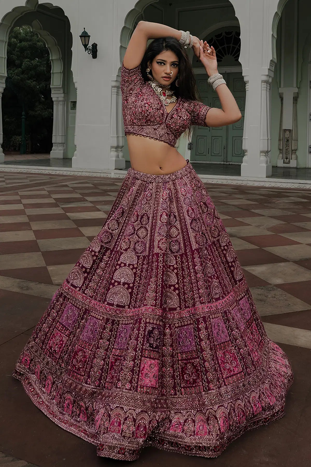 Purple Zardosi Embroidered Crepe Reception Lehenga