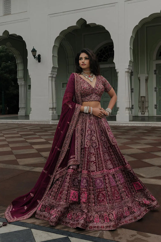 Purple Zardosi Embroidered Crepe Reception Lehenga