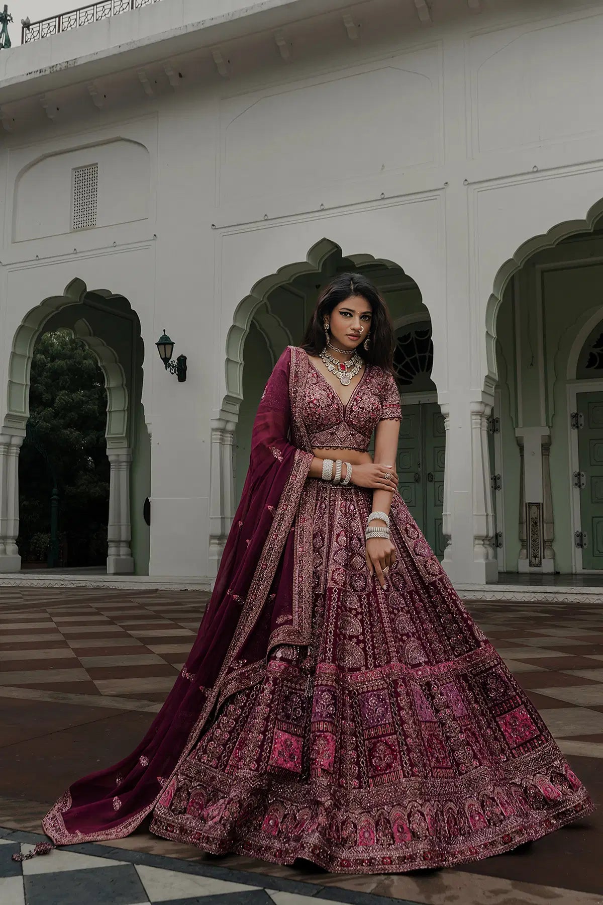 Purple Zardosi Embroidered Crepe Reception Lehenga