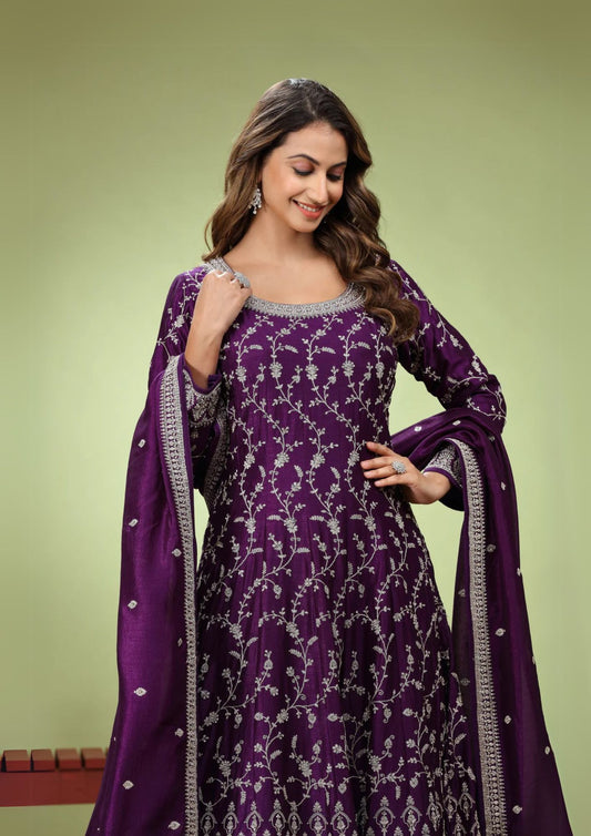 Purple Designer Anarkali Gown With Dupatta