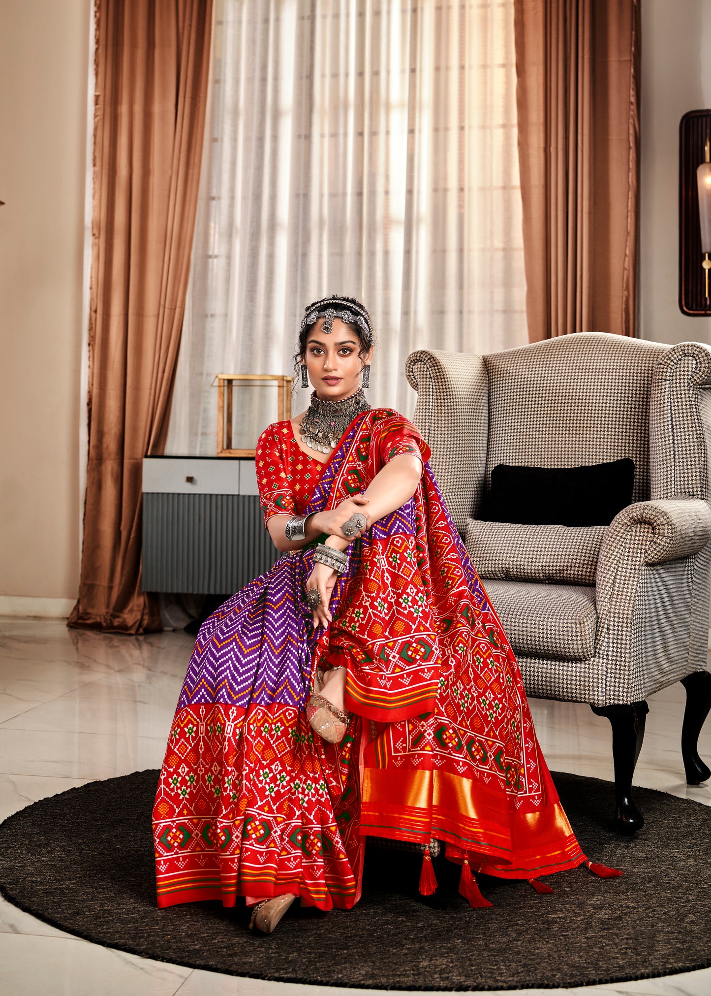 Purple & Red Tusser Patola Printed Silk Saree