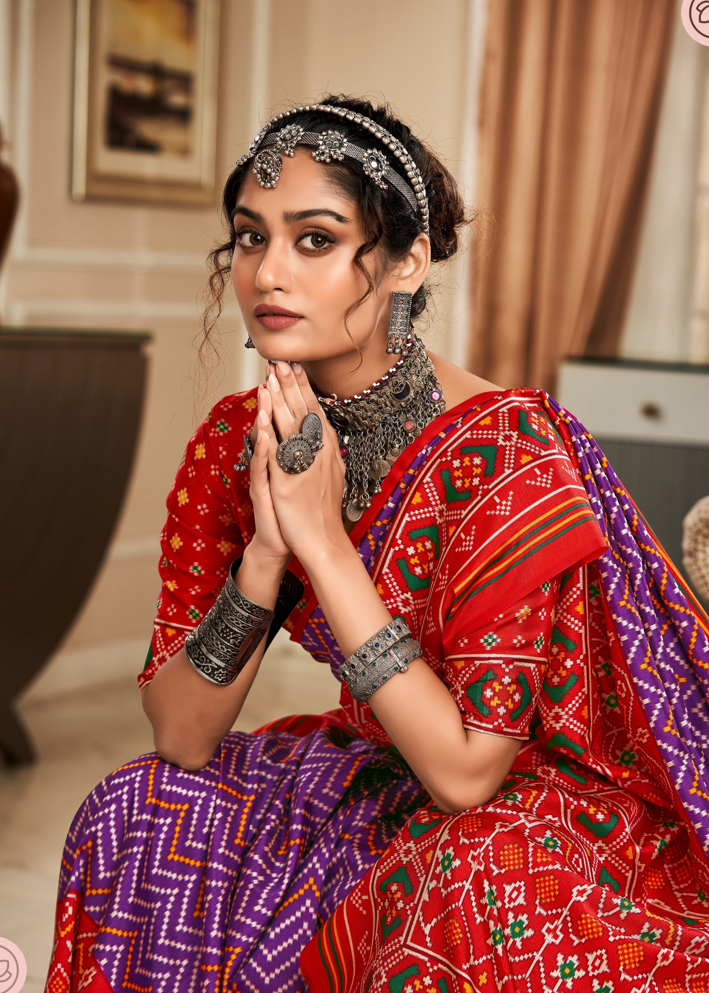 Purple & Red Tusser Patola Printed Silk Saree